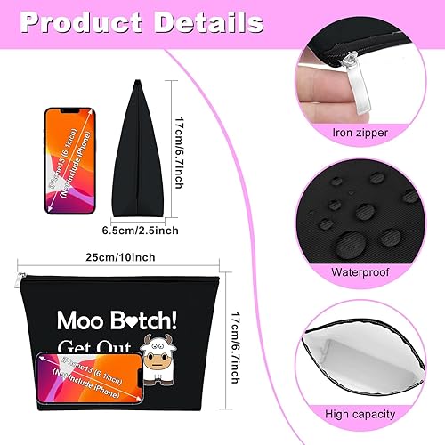 Miniatura 2 de Bolsa de maquillaje de vaca, regalo para amantes de las vacas, regalos para niñas, mujeres, bolsa de cosméticos de vaca, Negro -
