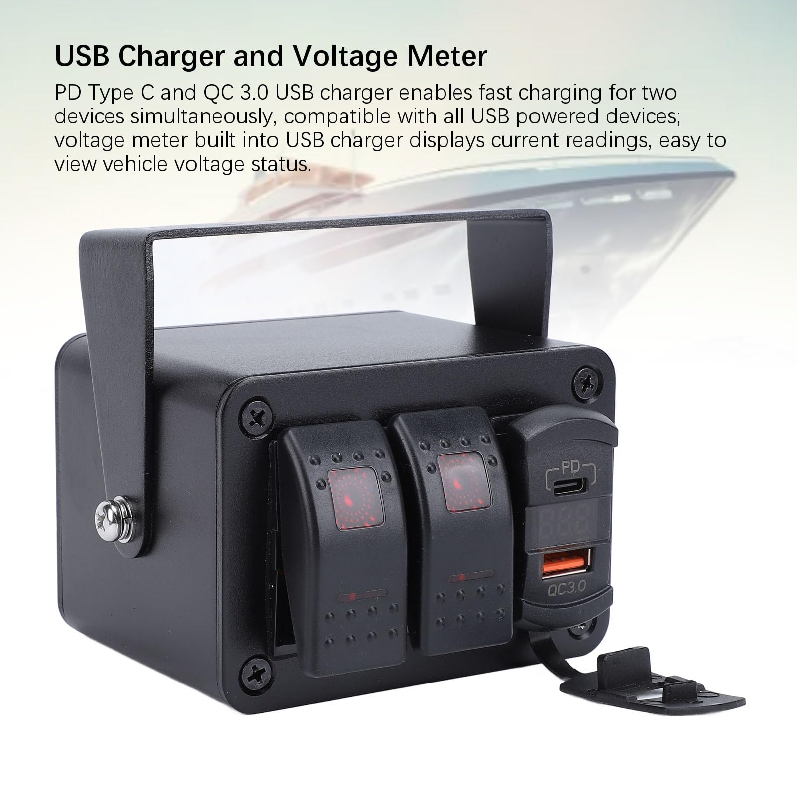 Caja de Interruptor de Palanca de 2 Bandas con USB Tipo C QC3.0 y Medidor de Voltaje, Diseño para Automóviles, Camiones, Barcos, Vehículos Recreativos, Remolques, UTV de 12V-24V