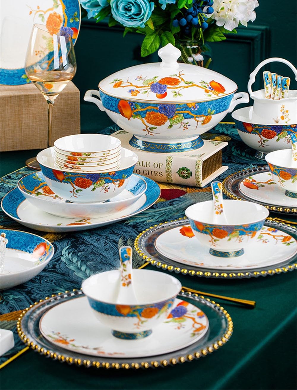 60 Elementów Porcelanowego Zestawu Obiadowego Dla 10-12 Osób, Misek I Talerzy, Wzór Granatu, European Palace, Wysokiej Jakości Zastawa Stołowa, Prezent, Przybory Kuchenne