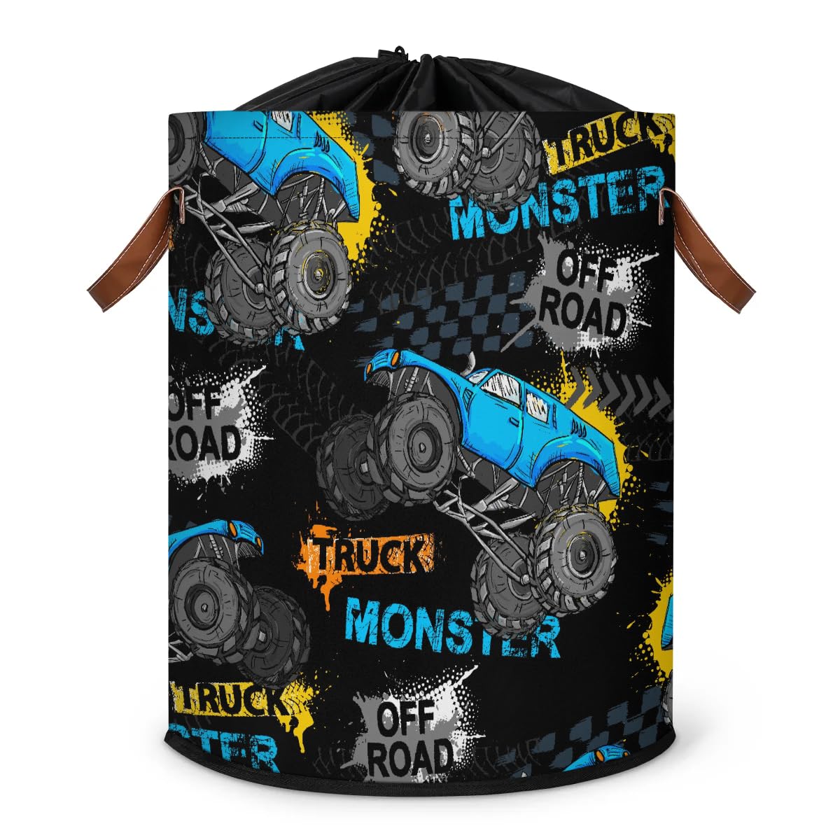 Large Laundry Hamper Basket with Lid, Blue Monster Car Trucks Round Collapsible Storage Organizer Bin for Kids Room, Boys, Nursery, Closet, Bedroom, Playroom, Toys, Dirty Clothes, 16"W x 20"H
