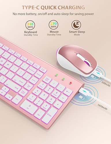 Miniatura 4 de SABLUTE Combo de teclado y mouse inalámbricos retroiluminados, teclado compacto y silencioso con mouse RGB, recargable, delgado, modo de sueño,