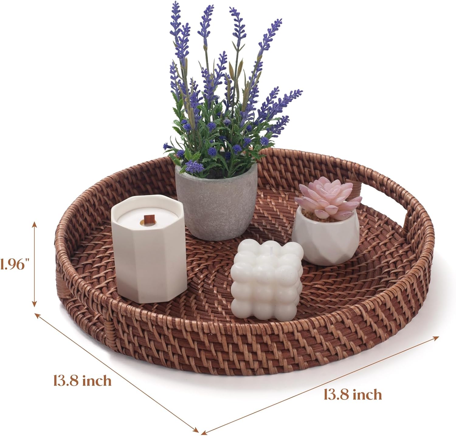 13.8 inch Rattan Tray, Round Wicker Tray with Cut-Out Handles, Woven Serving Tray for Dining/Coffee Table