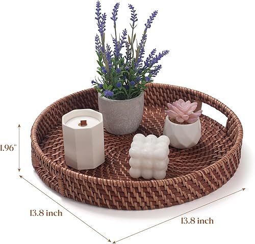 Miniatura 6 de Bandeja de ratán de 13.8 pulgadas, bandeja redonda de mimbre con asas recortadas, bandeja de servir tejida para comedor  mesa de café