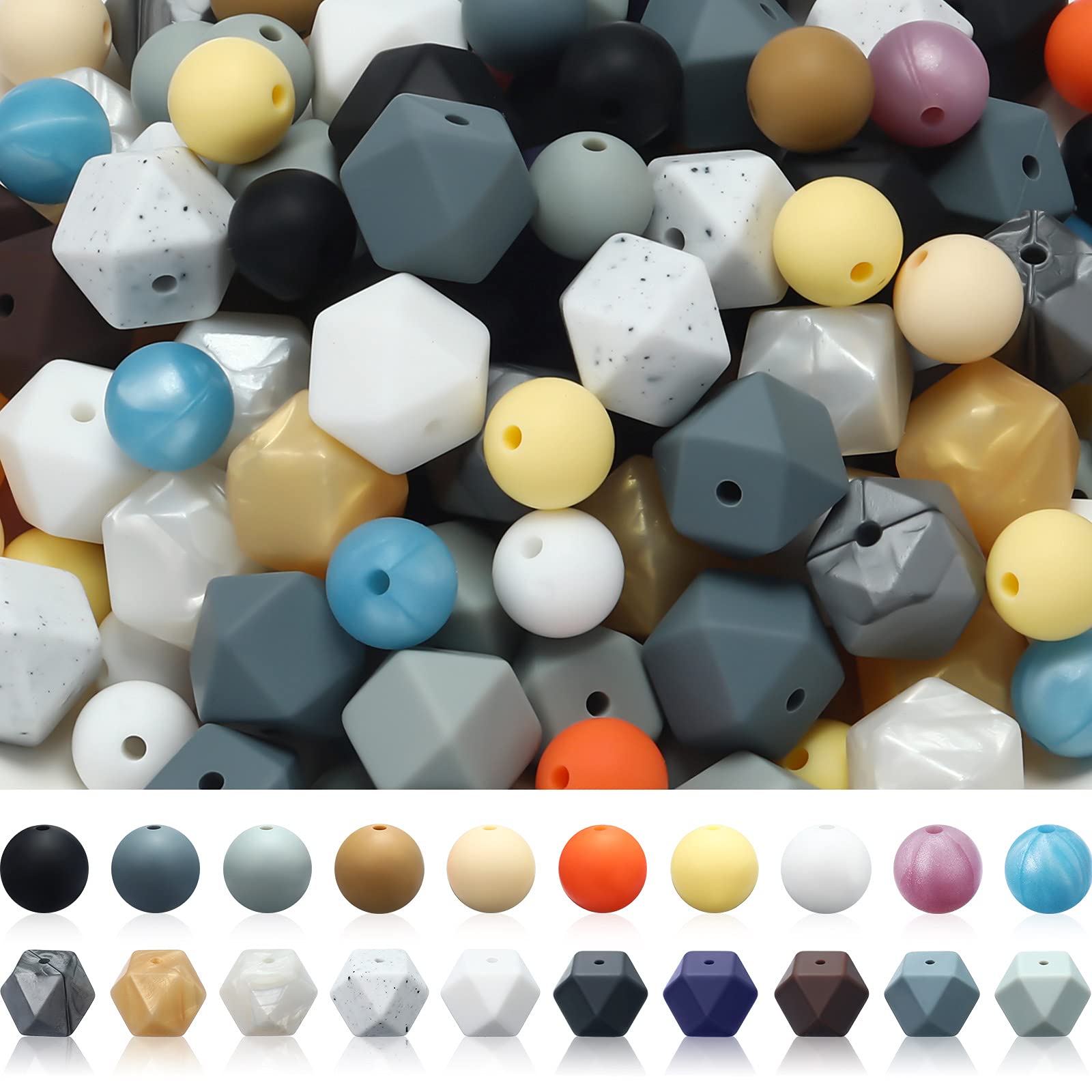 180 Pieces Silicone Beads 12 mm 100 Pieces Round Beads and 14 mm 80 Pieces Octagonal Beads Colorful Chewable Stretchy Beads DIY Jewelry Nursing Necklace Accessories for Baby to Chew
