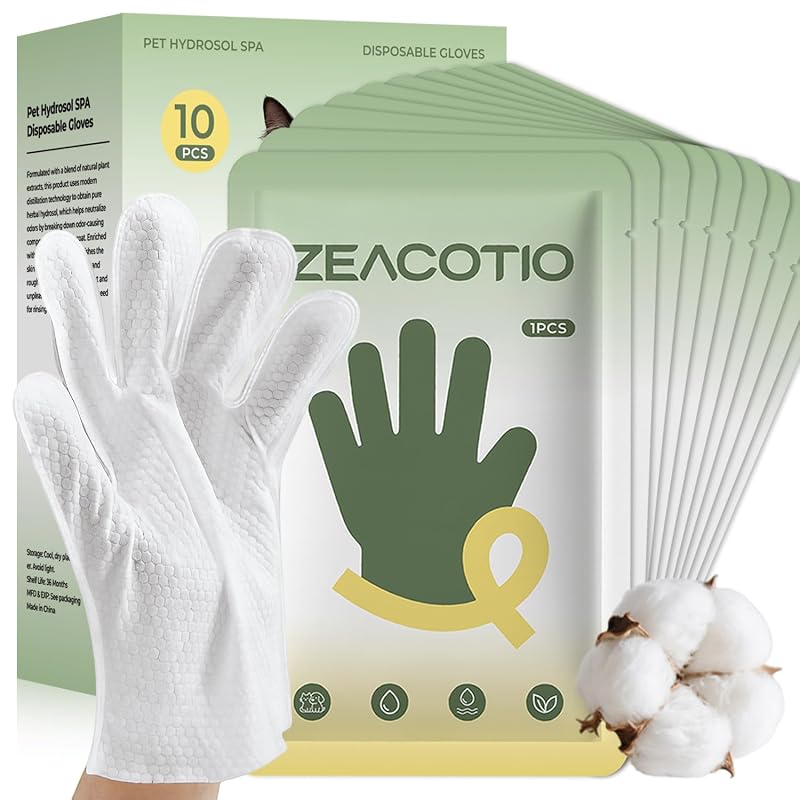 Lenços de higiene para cães e gatos, sem fragrância, com luva Pet Glove Wipes ZeaCotio, Branco