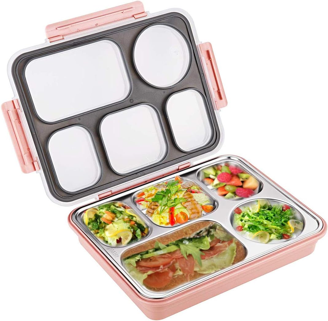 Sumerflos Large Bento Box, Leak Proof Lunch Box Containers, 5 Compartments Stainless Steel Food Containers for Adults, On-the-Go Meal and Snack (Pink)