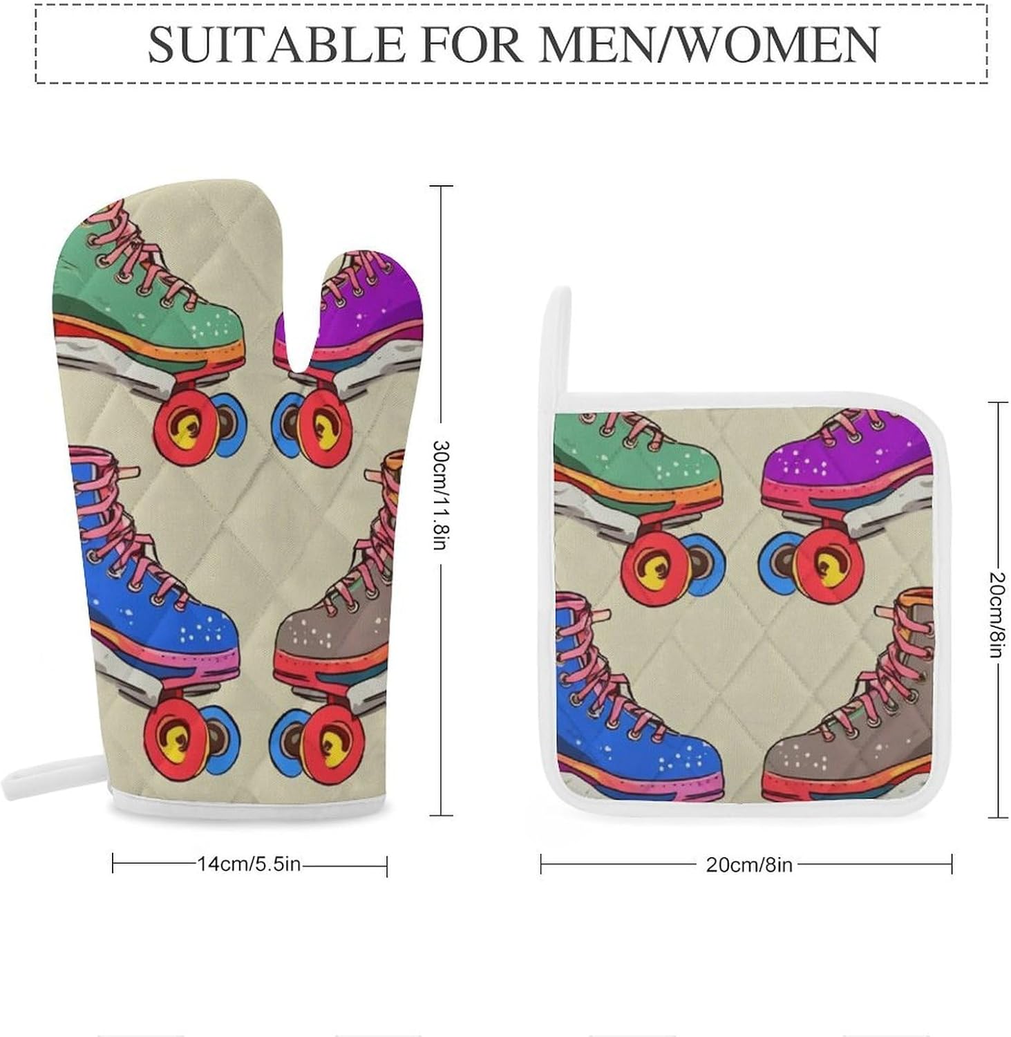 4-Piece Oven Mitts and Pot Holders Set Retro Colorful Roller Skates Printed Heat-Resistant Polyester Kitchen Gloves and Potholders Comfortable & Durable for Cooking Baking and Grilling