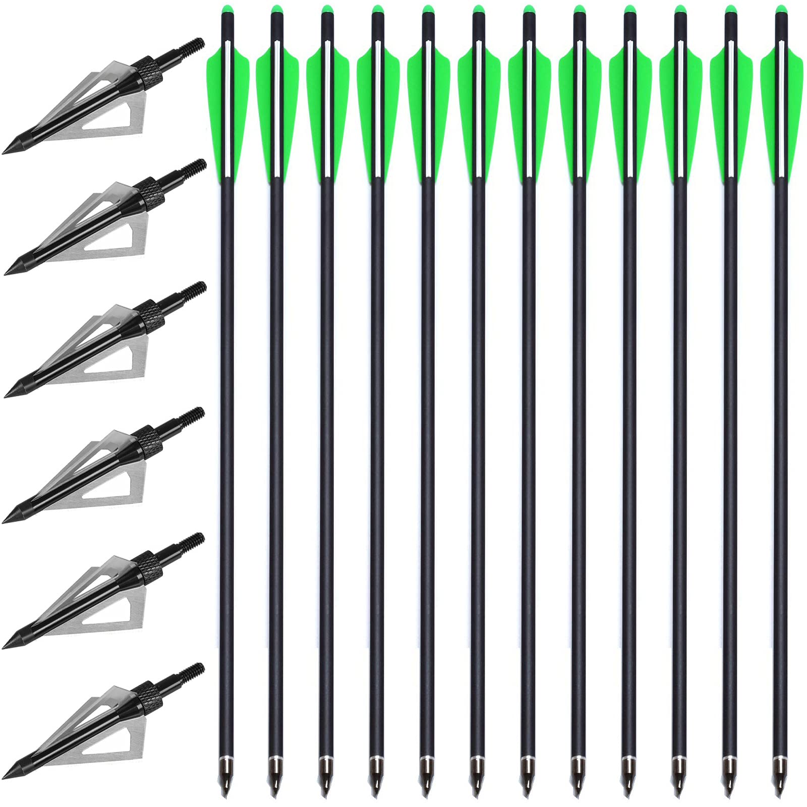 PMSM 20 Inch Carbon Crossbow Bolts Arrows 12 Pack and 6 Pack 3 Blades Hunting Broadheads Set,Hunting Crossbow Arrows with 4" Vanes and Replaced Arrowhead Tip (20inch Green and Black)