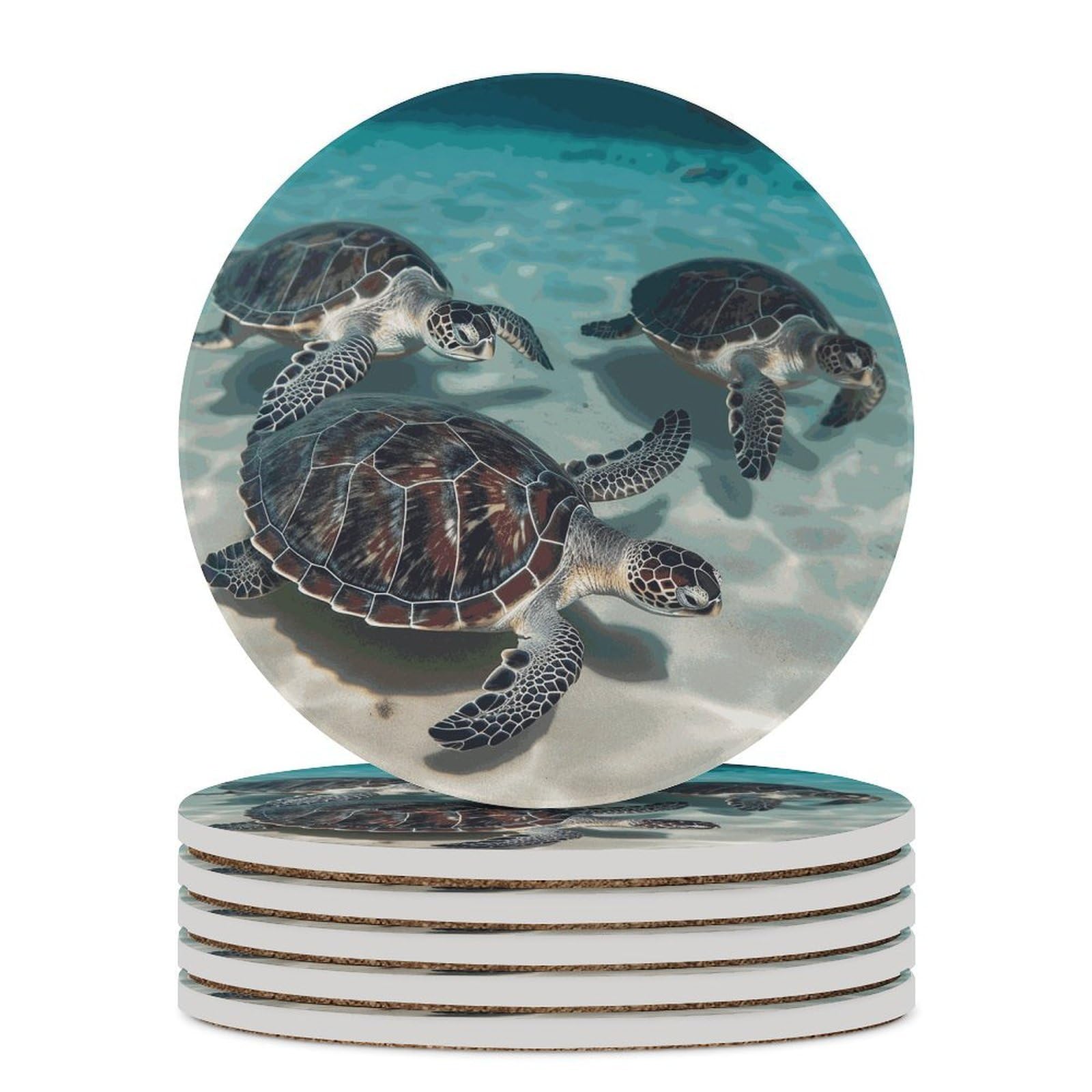 Sea Turtles Coaster with Cork Base Drink Coasters for Coffee Table Decor Modern Cup Coasters with Non-Slip & Heat-Resistant Cute Ceramic Table Coaster for Home Dining