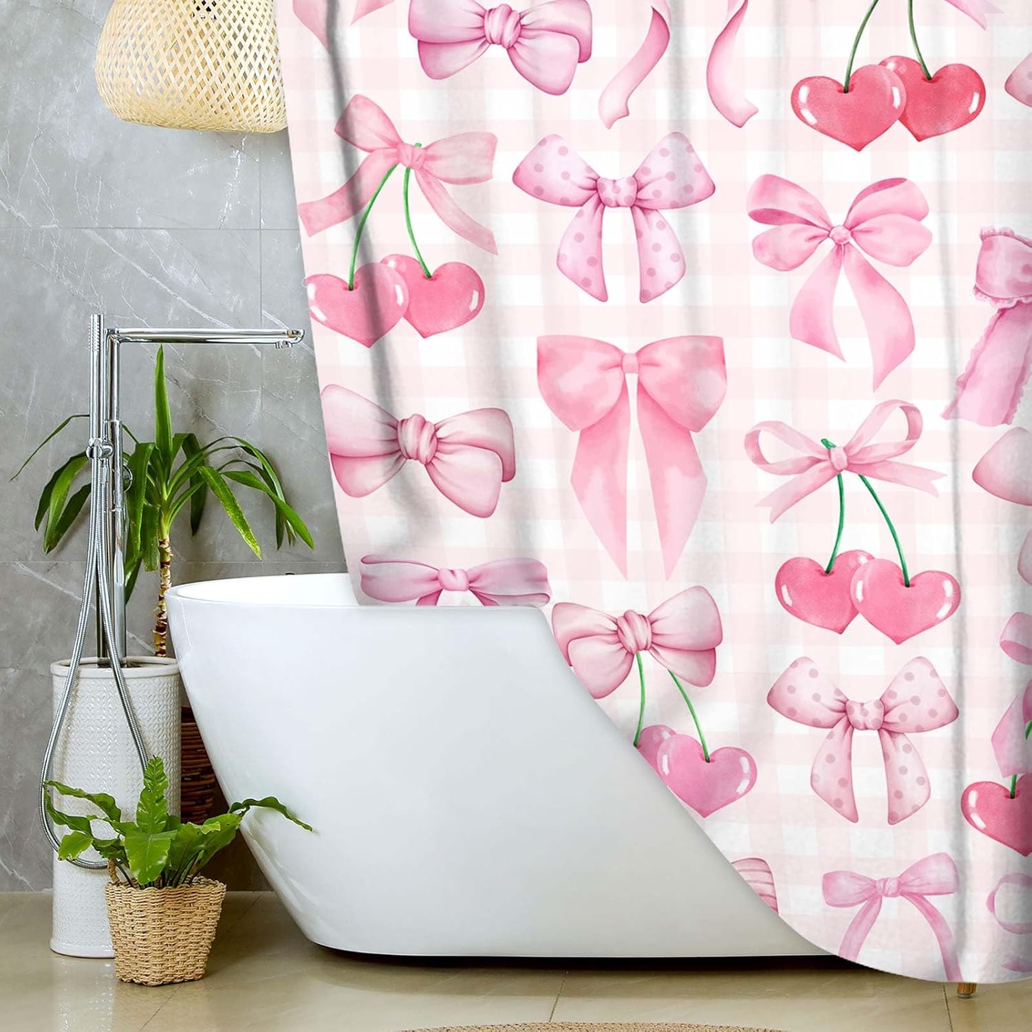 JAWO Cute Pink Bow Shower Curtain Modern Aesthetic Coquette Bow Pretty Bathroom Decor for Girls Teens Fabric Waterproof Polyester Bathroom Decor Set with Hooks