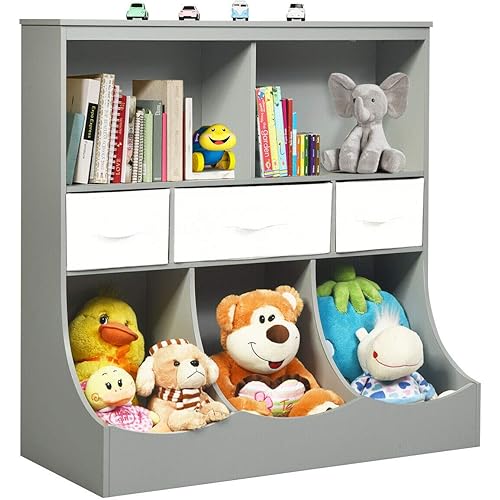 Costzon 3-Tier Kids Bookcase Toddler Storage Organizer Cabinet Shelf w/ 8 Compartment Box and 3 Removable Drawers for Children, Freestanding Storage Unit for Bedroom Decor Room (Gray)