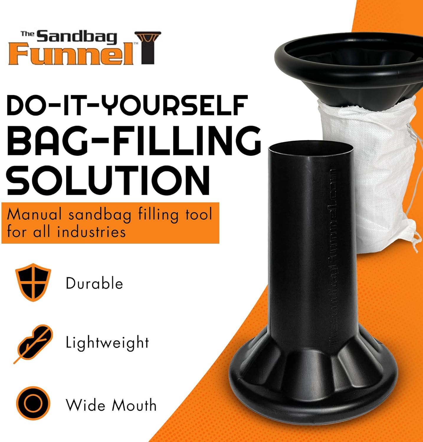 Sandbag Filling Tool with 14 x 26 White Woven Empty Polypropylene Sandbags - UV Protection - Heavy Duty Sandbags for Flooding (2 Plastic Funnels, 150 Sandbags)