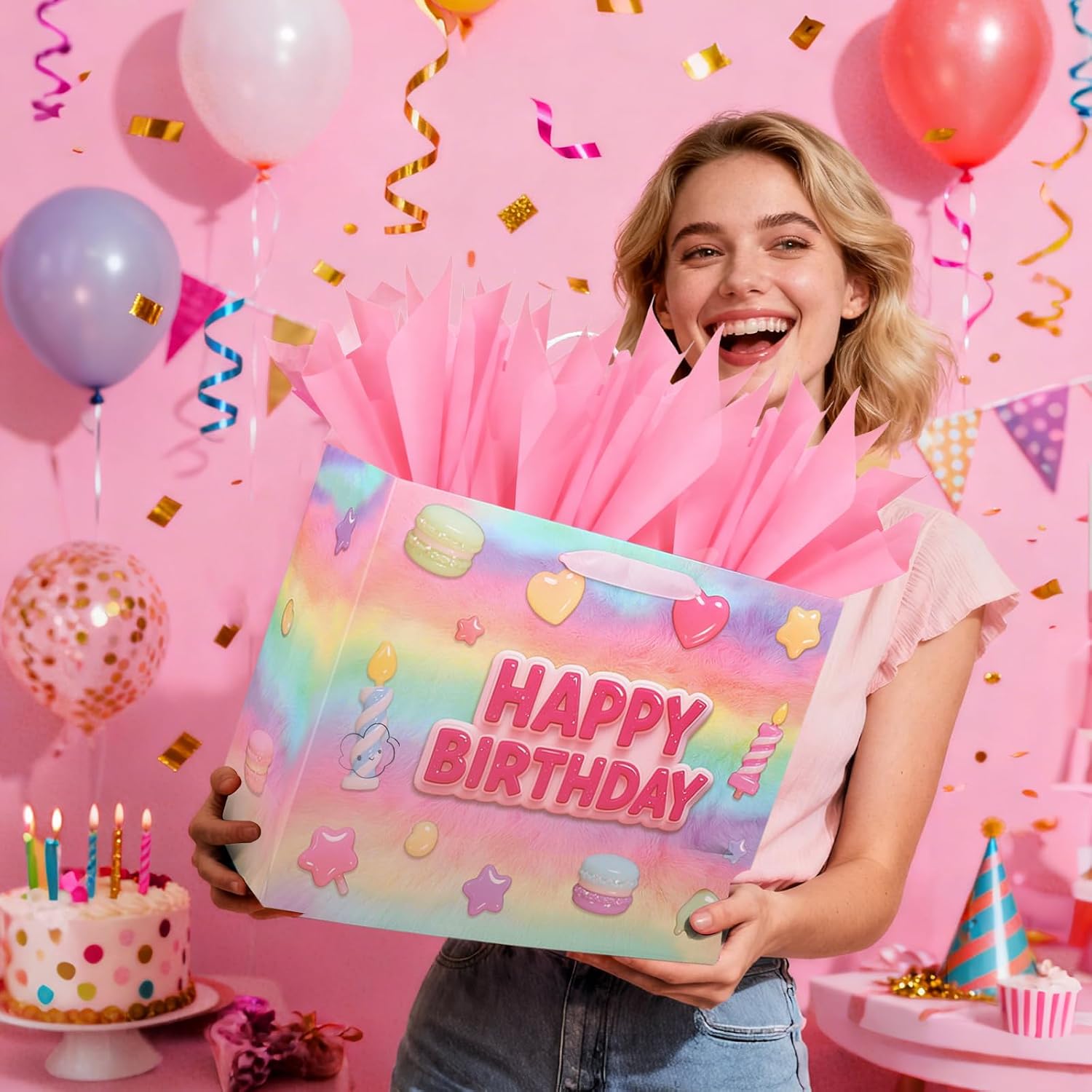 Vodolo 13” Happy Birthday Gift Bags with Tissue Paper Wrapping Paper and Card,Pink Gift Wrap Bags with handles for Women,Girls and Kid,Medium Reusable Happy Birthday Bag for Party