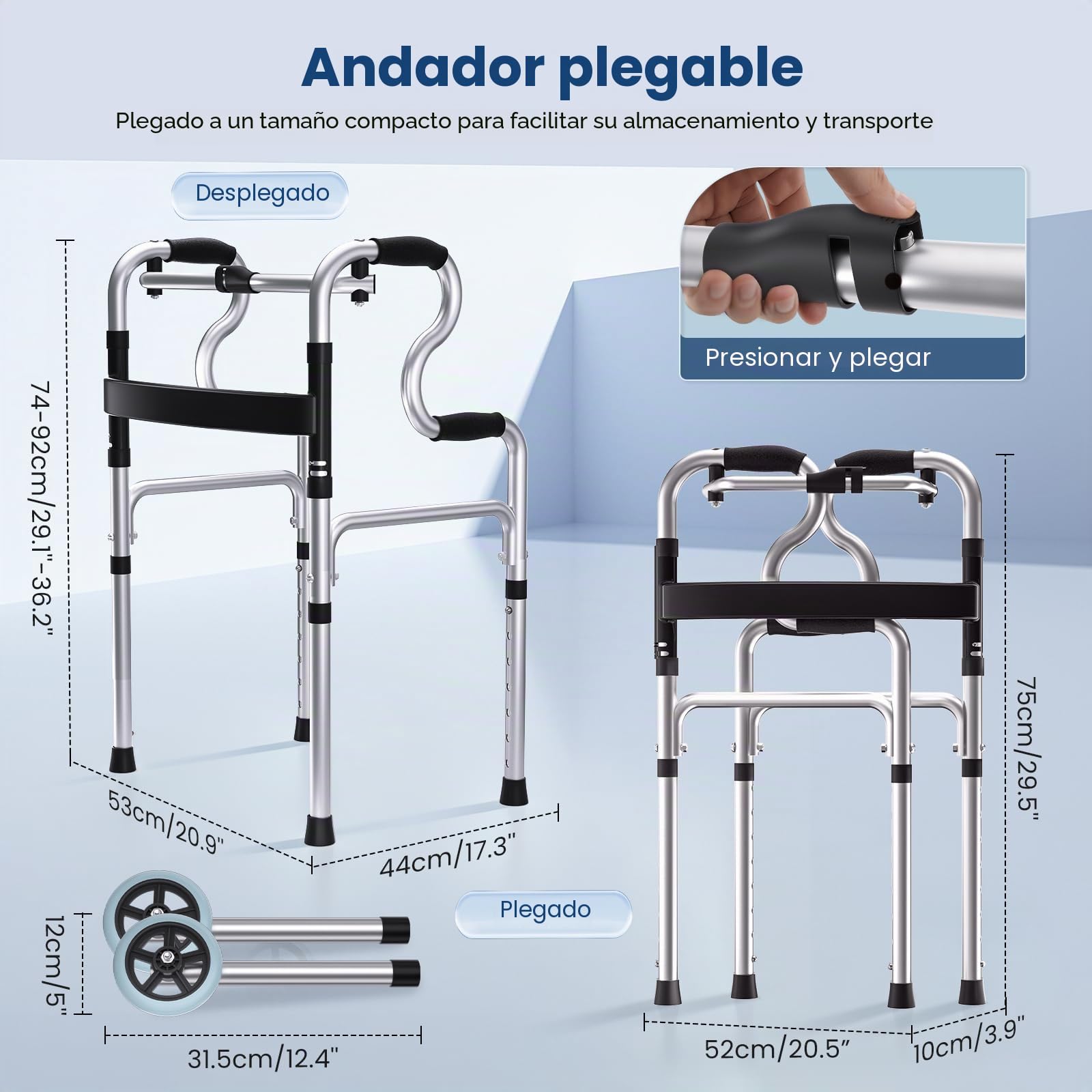 Hlieeosfcn Andador para Ancianos,Andador Plegable con 2 ruedas,Caminadores para Mayores altura ajustable, Peso Máximo 180kg,ideal para personas mayores y adultos