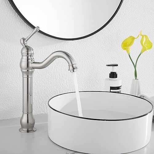 Miniatura 7 de GGStudy Grifo de 360 de giro con una sola manija para fregadero de baño, un agujero, con desagüe desplegable a juego, sin rebosadero, de níquel