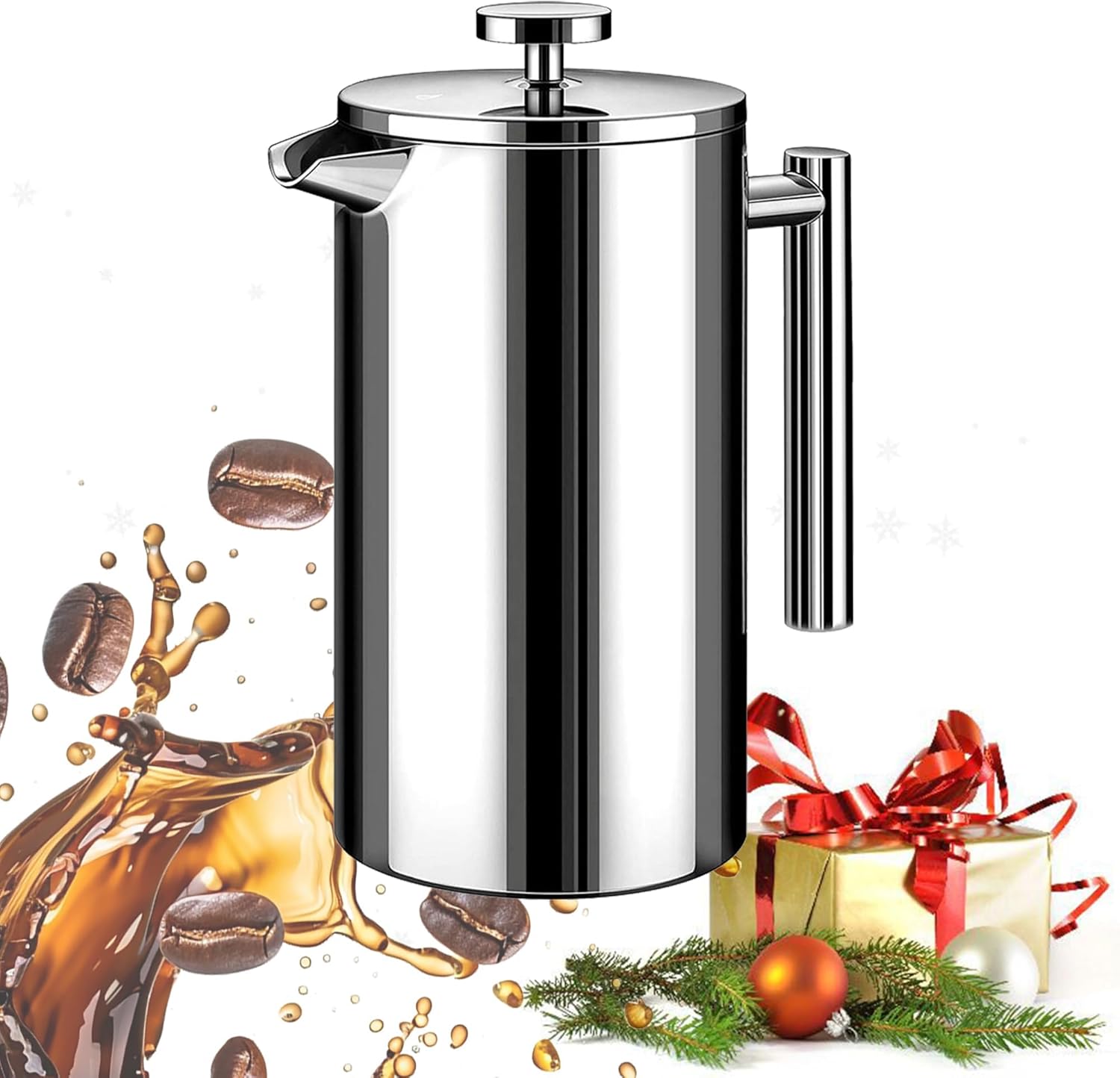 Large French Press Coffee Maker 50oz (1.5L), 304 Stainless Steel Double Wall Insulated Coffee Press for Camping, Backpacking, Party, Travel, Gift Set, Dishwasher Safe (Silver, 6-8 Cups)