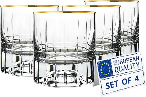 Vasos de whisky con borde dorado, juego de 4, vaso grabado a la antigua, bola baja de rocas de corte de cristal, bourbon premium, whisky escocés,