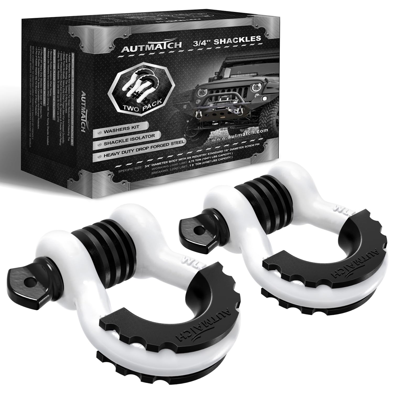 Shackles 3/4" D Ring Shackle (2 Pack) 41,887Ib Break Strength with 7/8" Screw Pin and Shackle Isolator & Washers Kit for Tow Strap Winch Off Road Jeep Vehicle Recovery White & Black