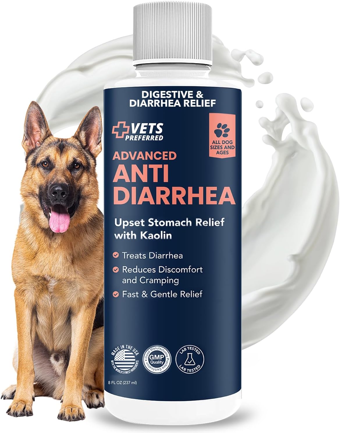 Vets Preferred Anti Diarrhea Liquid For Dogs - Dog Relief With Kaolin (8 Oz.) | Once Every 12 Hours & Gas