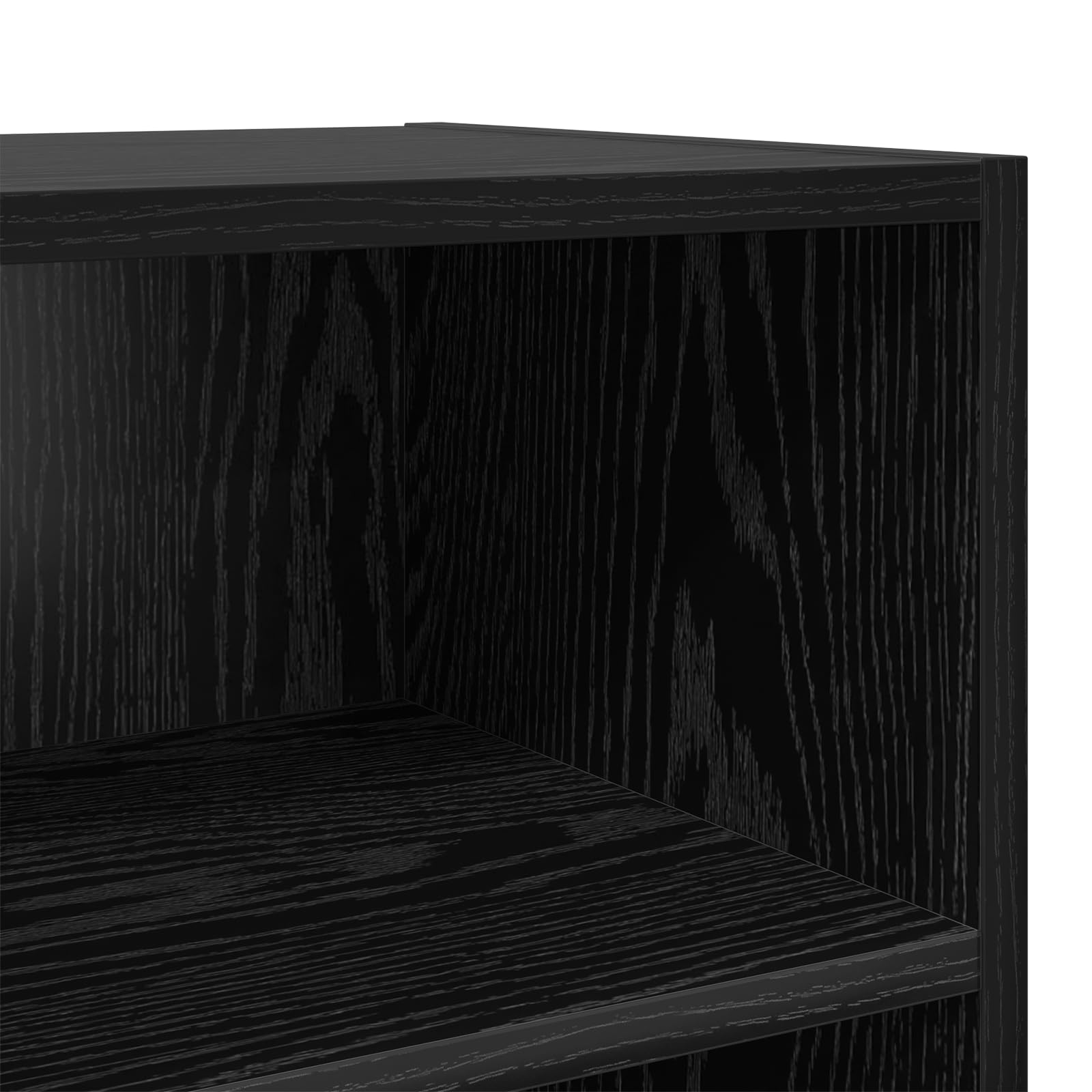Black Oak TV Stand with Storage | Modern entertainment center features open shelves for media players and gaming consoles in the living room.