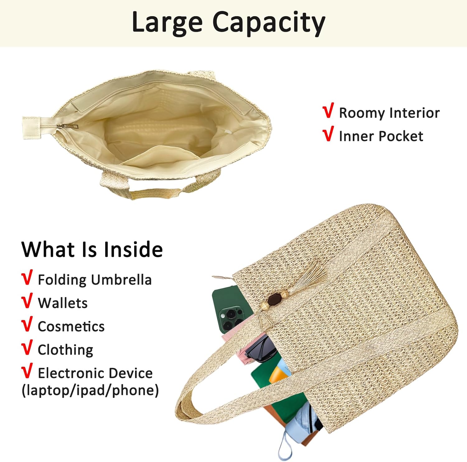 Large Straw Beach Tote Bags For Women Woven Boho Handmade Shoulder Handbags for Summer Vacation Travel with Tassels - Image 5