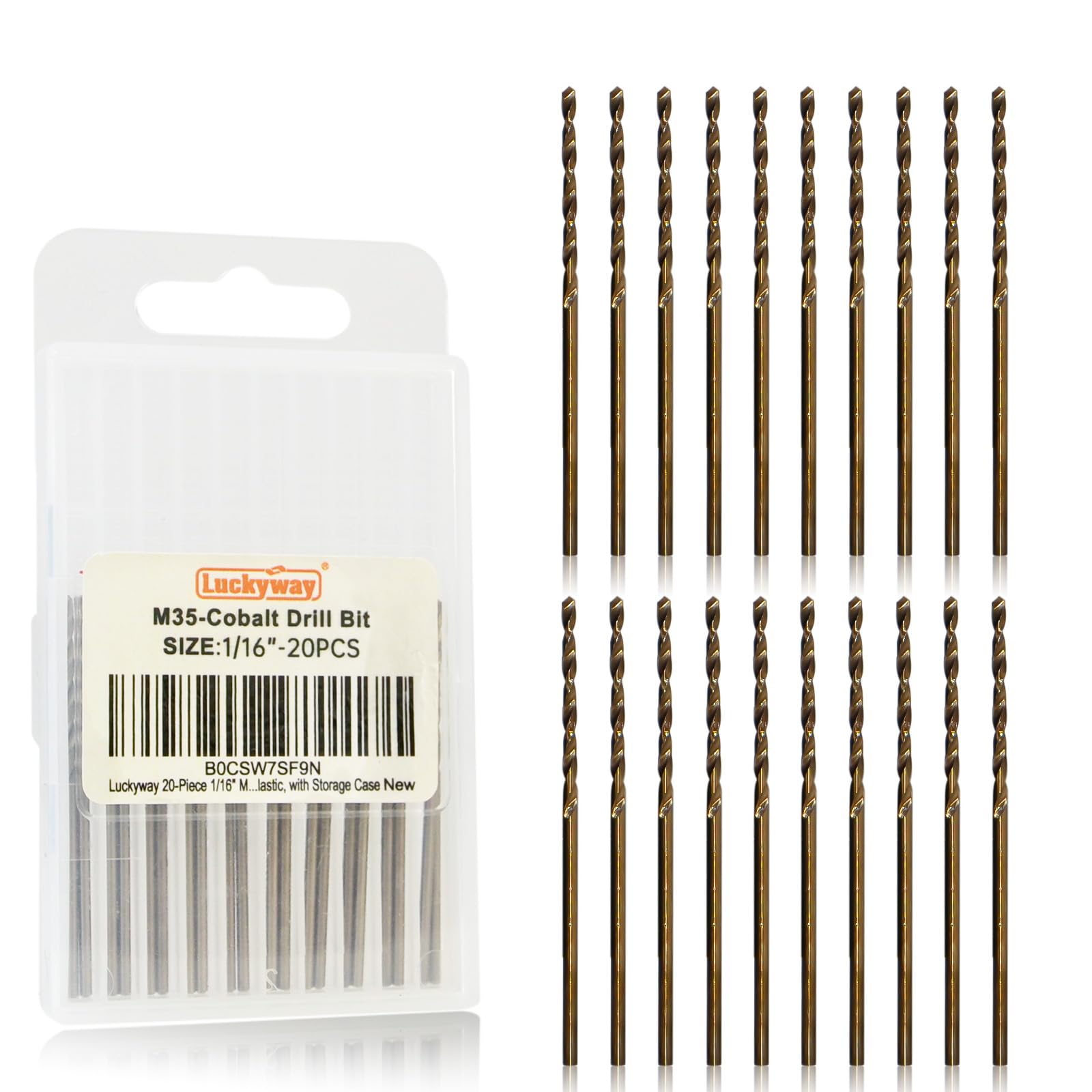 Luckyway 1/16" Cobalt Drill Bit (20 Pcs), Jobber Length Twist Drill Bit Set for Hard Metal, Stainless Steel, Cast Iron, Wood and Plastic, with Storage