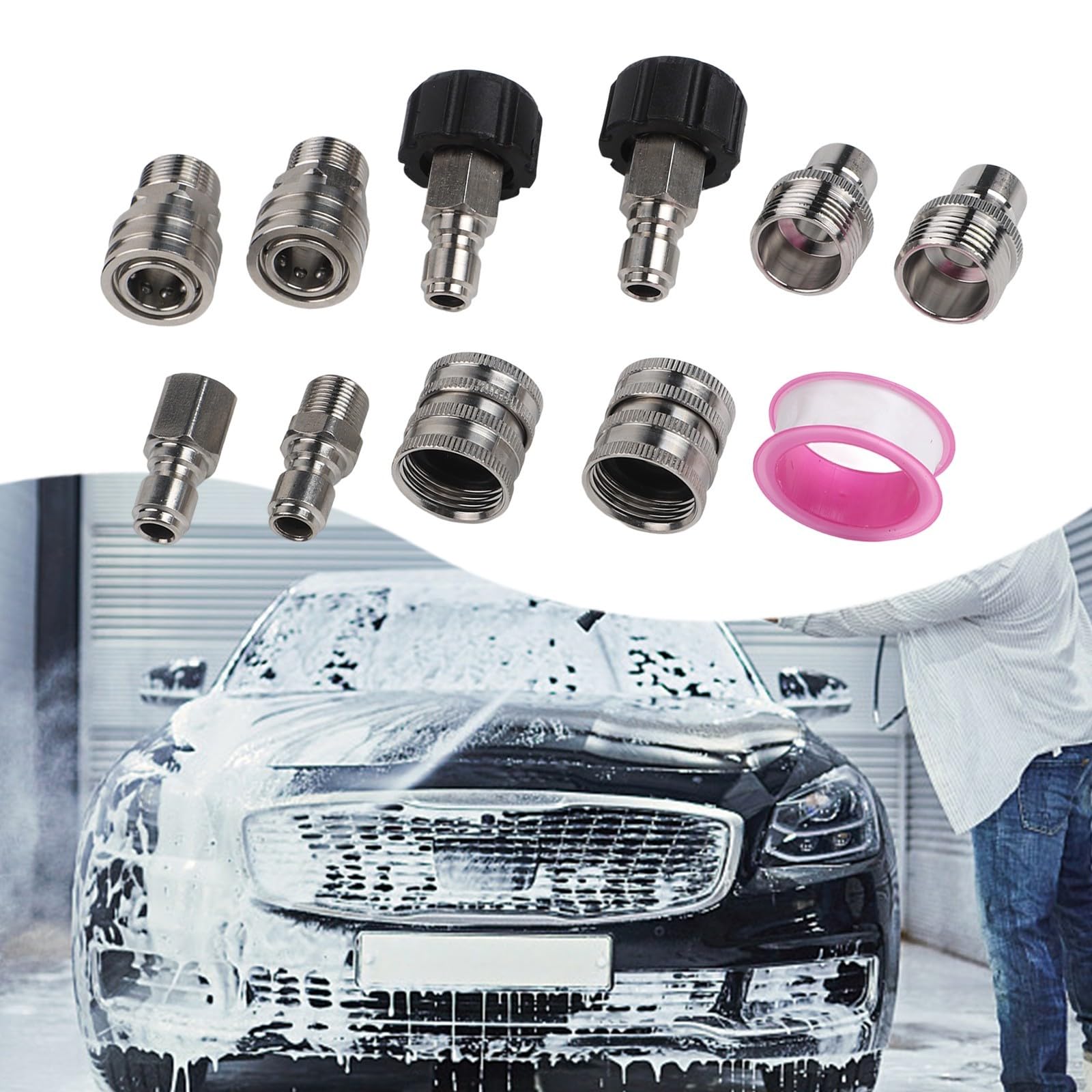 Adapter do myjki wysokociśnieniowej ze stali nierdzewnej M22-14 z szybkozłączką 3/8", wytrzymałe akcesoria do maszyn czyszczących i węży, srebrny, 10-częściowy zestaw