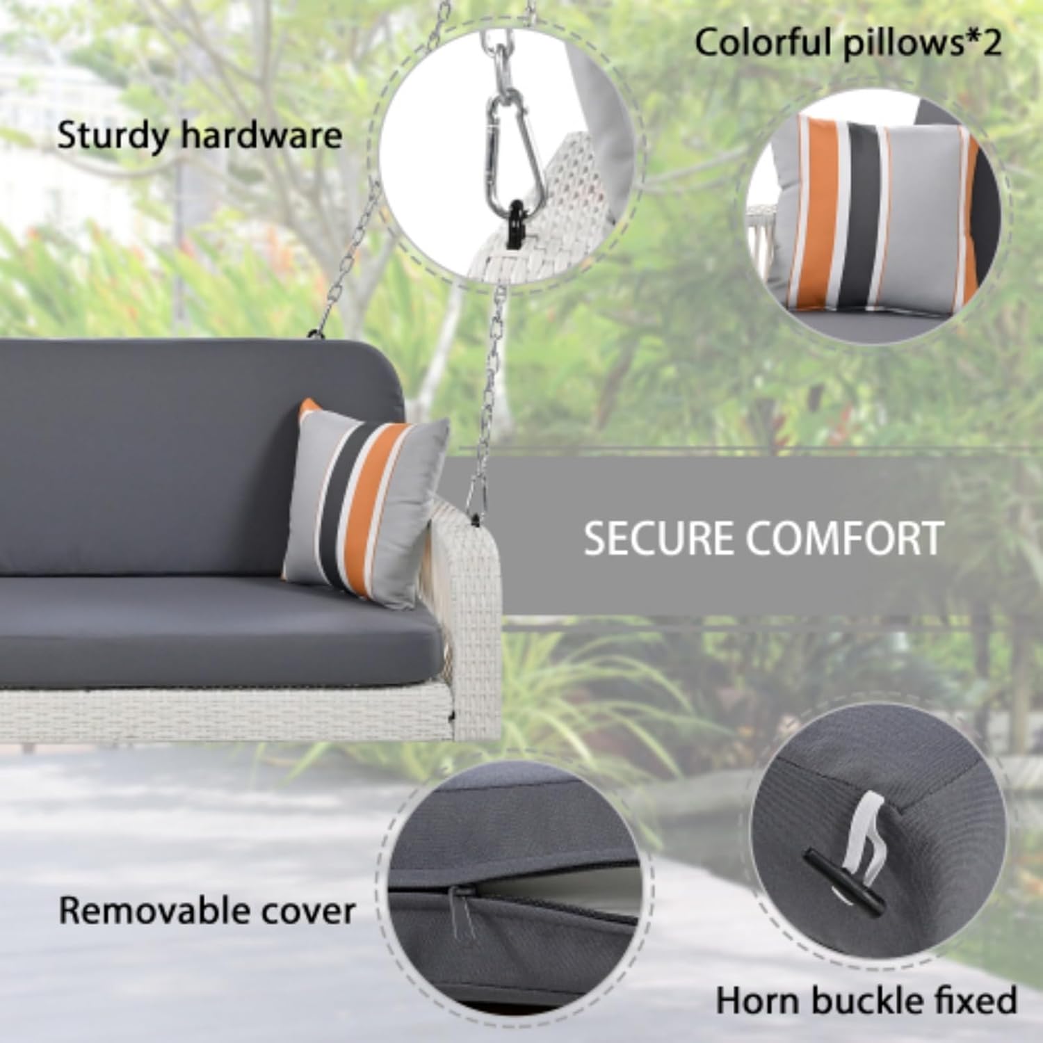 PE Wicker Porch Swing, 2-Seater Hanging Bench with Chains, Patio Swing for Backyard Garden Poolside Lawn, White + Grey