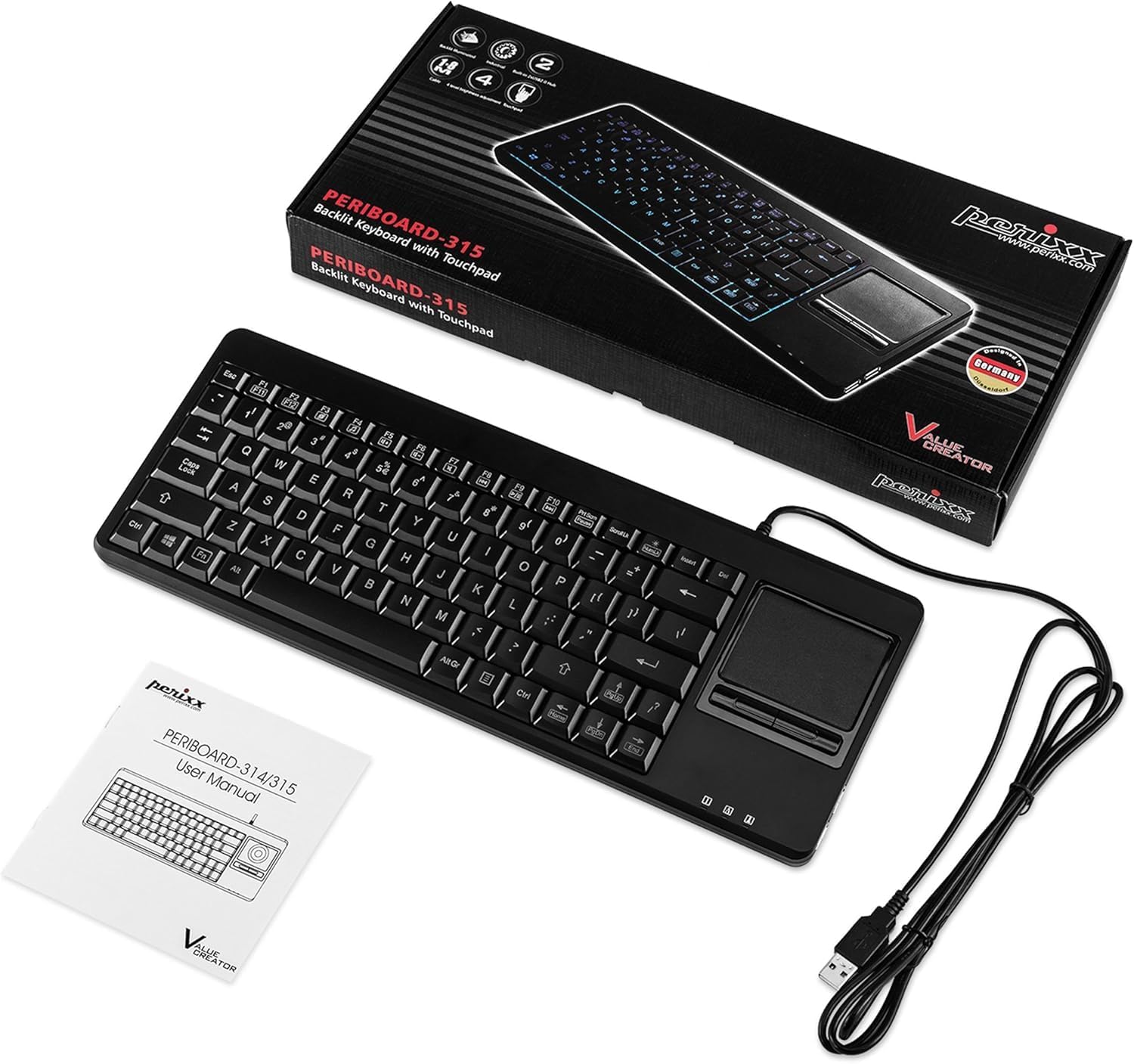 Perixx PERIBOARD-315H, Wired USB Backlit Keyboard with Touchpad and 2 USB Ports, Black (10917)