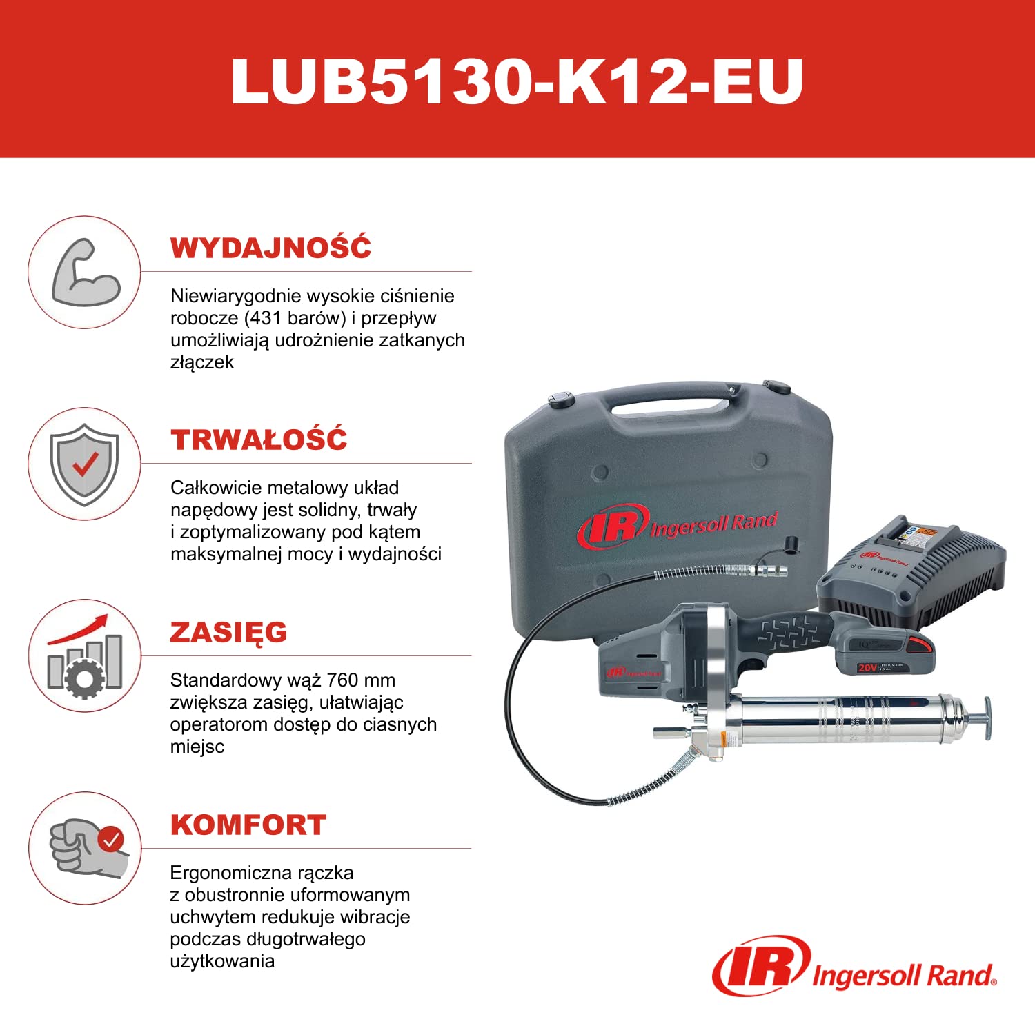 Ingersoll Rand LUB5130-K12-EU Akumulatorowa smarownica, IQ 20 V, 3,7 kg, w komplecie z baterią litowo-jonową BL2012 2,5 Ah i zestawem ładującym