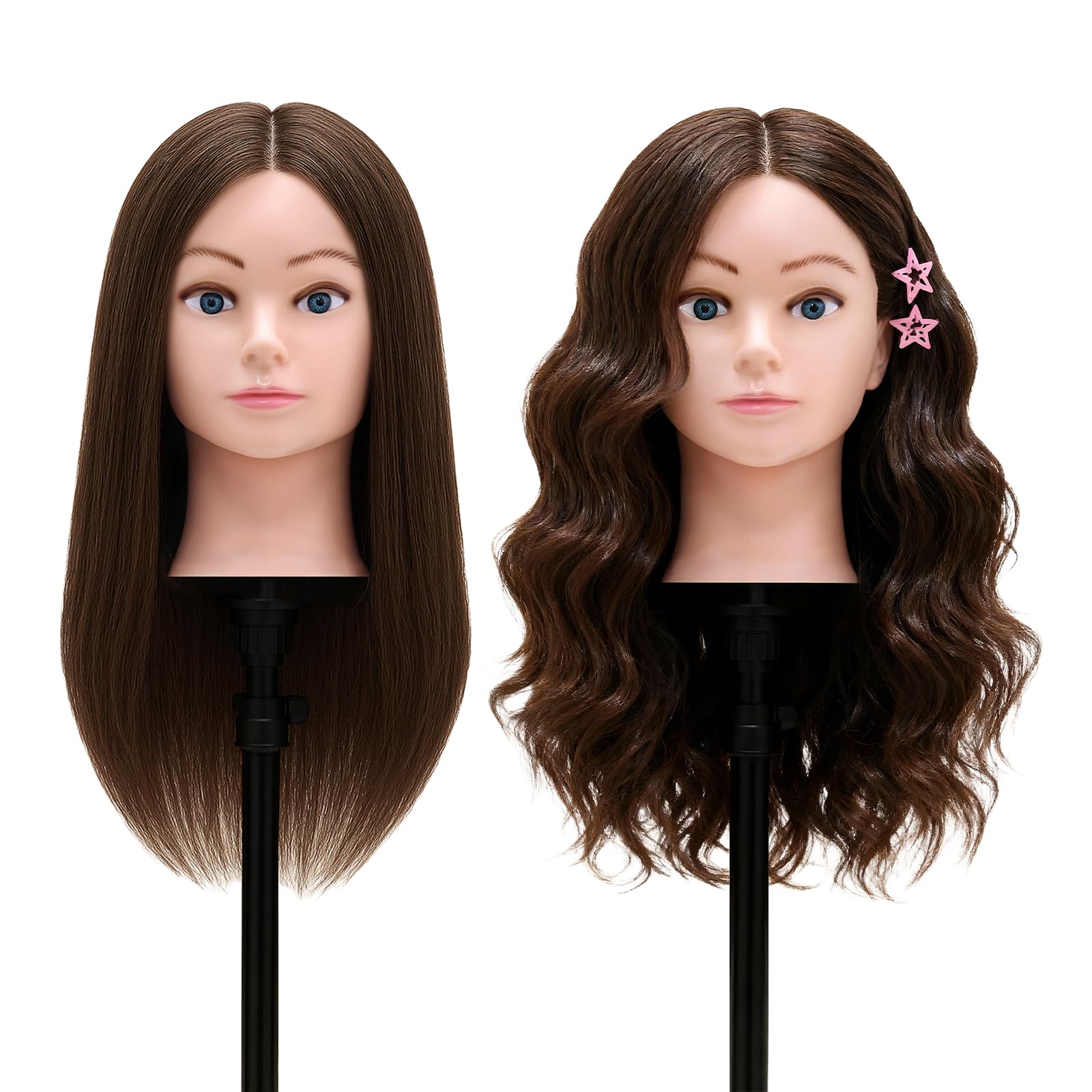 TwoWin Friseurkopf 20 Zoll 50.8 cm 100% Echthaar Mannequin Kopf Übungskopf Haar Friseur Trainingsköpfe Styling Friseurpraxis Braun