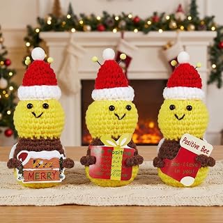 Henoyso 3 Pcs Christmas Positive Support Bee Crochet Gifts Crochet Bee with Card, Inspirational Handmade Knitted Stuff, Gifts for Women Men Coworkers Christmas Office Decor