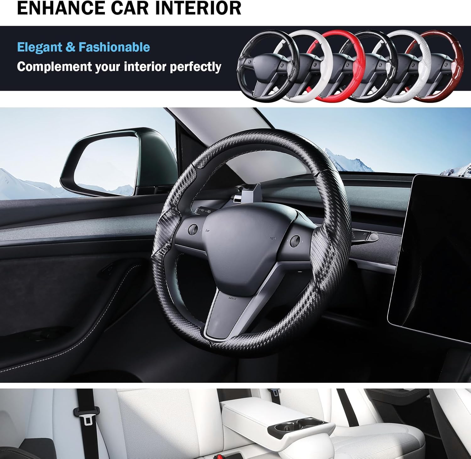Steering Wheel Cover for Tesla Model 3 (2017-2023) / Model Y (2020-2024),Anti-Slip,Comfortable Grip, Breathable,Customized for Tesla Model 3/Y Accessories,Matte Black