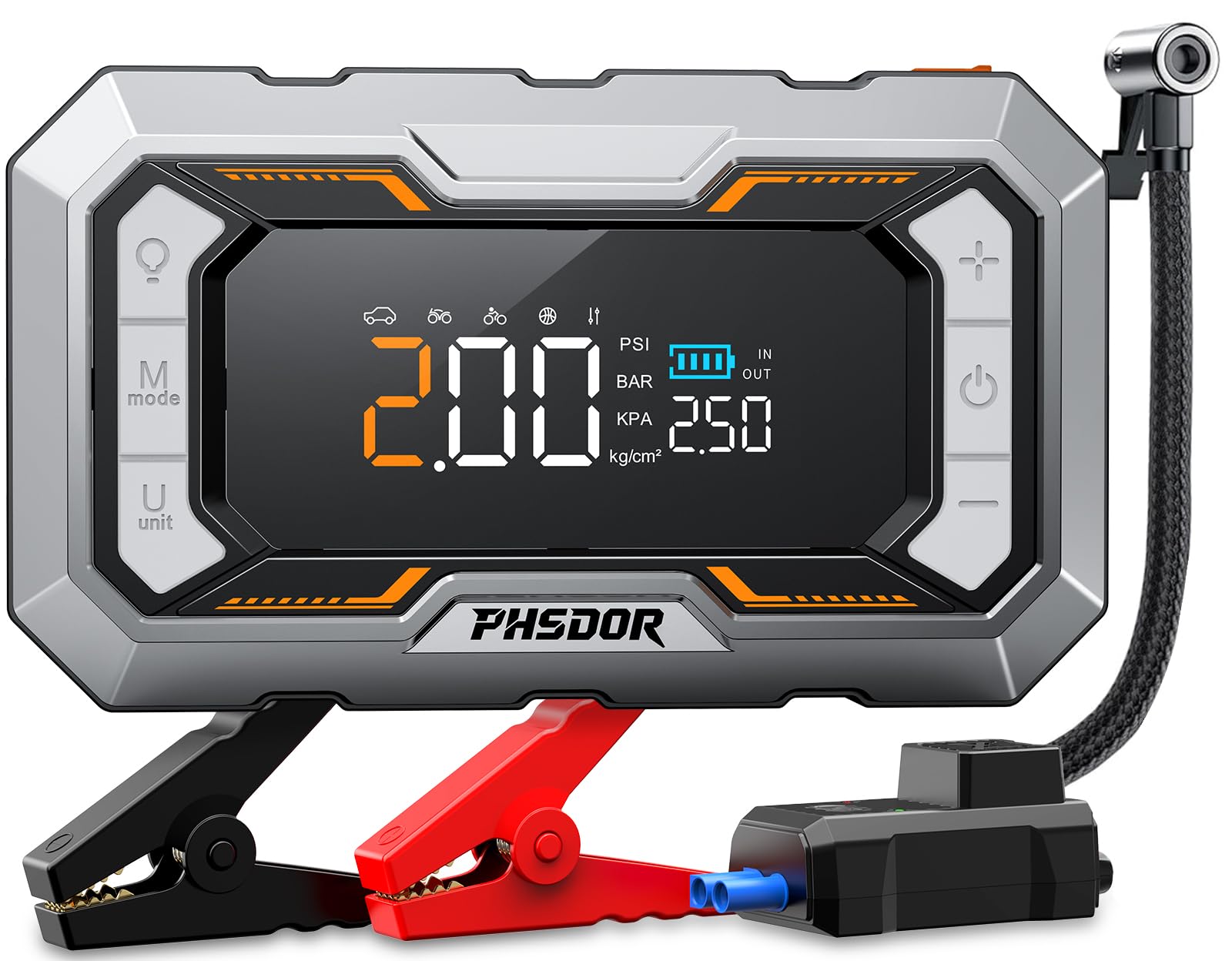 8000A Starthilfe Powerbank mit Kompressor 150PSI, 25000mAh Auto Starthilfe Powerbank für Pkw (Bis Zu All Benzin Oder 10,0L Diesel), Jump Starter Auto mit LED Taschenlampe, Silber