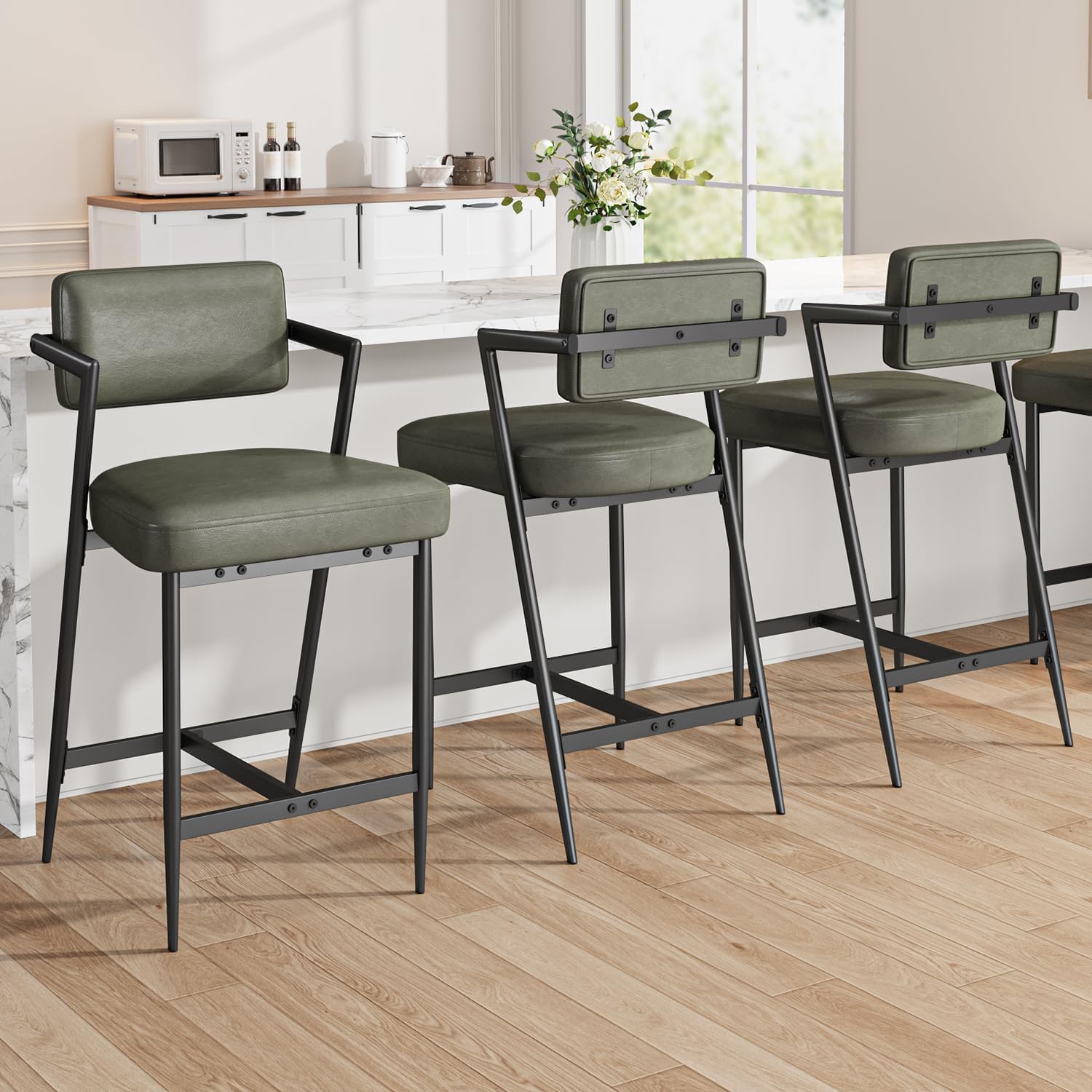 Bar Stools Set of 3, 26 Inch Counter Height Bar Stool with Back, PU Leather Upholstered Barstool with Metal Legs and H-Shaped Footrest, for Kitchen Island Home Bar, Rustic Green