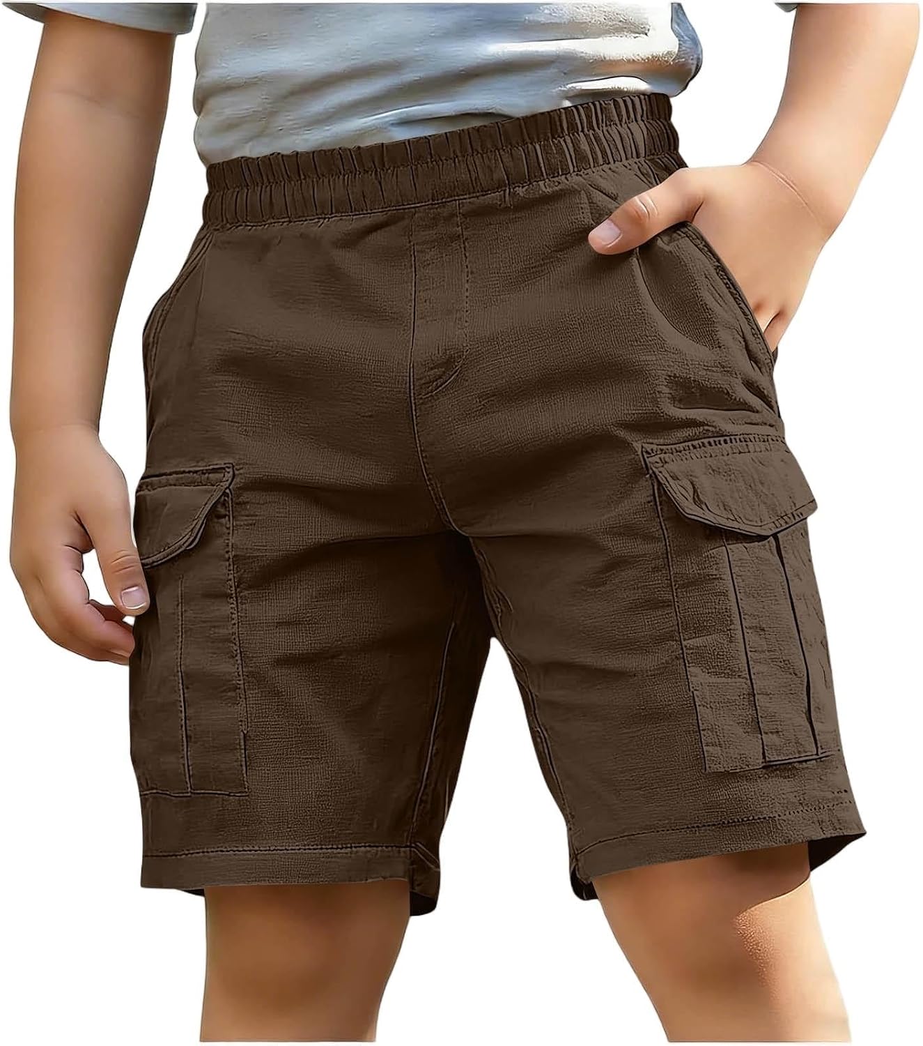 Boys Cotton Linen Cargo Shorts Summer Casual Elastic Waist Hiking Short Kids Athletic Sport Shorts with Multi Pockets