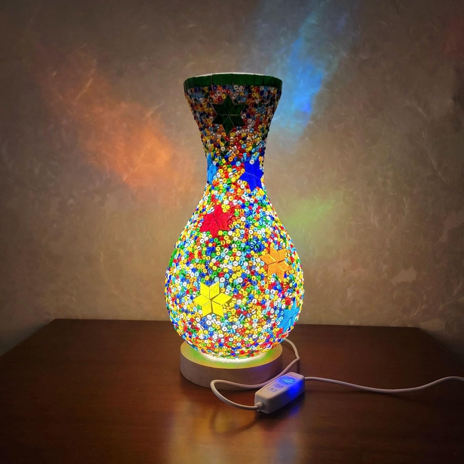 Maimeili Retro Turkish Mosaic Vase Lamp Turkish Moroccan Table Lamp Colorful Handmade Glass Vase with Wood Base for Flowers USB Charge Decor Light for Bedroom Ambient Living Room Farmhouse