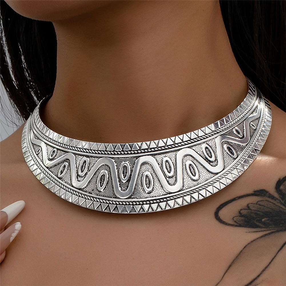 Hewill Chunky Gold Necklace Big Statement Chunky Necklace for Women African Tribe Wide Metal Choker Necklaces Jewelry - Image 3