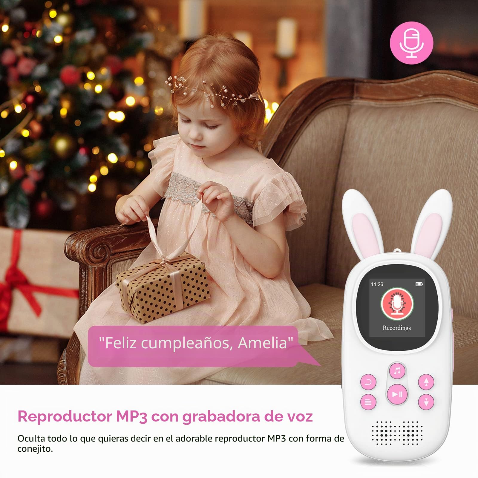 32GB Reproductor MP3 de para niños, Lindo Conejito MP3 Reproductor con Bluetooth, Música MP3 con Altavoz, MP3 Player con Radio FM, grabaciones, Alarma. soporta hasta 128 GB