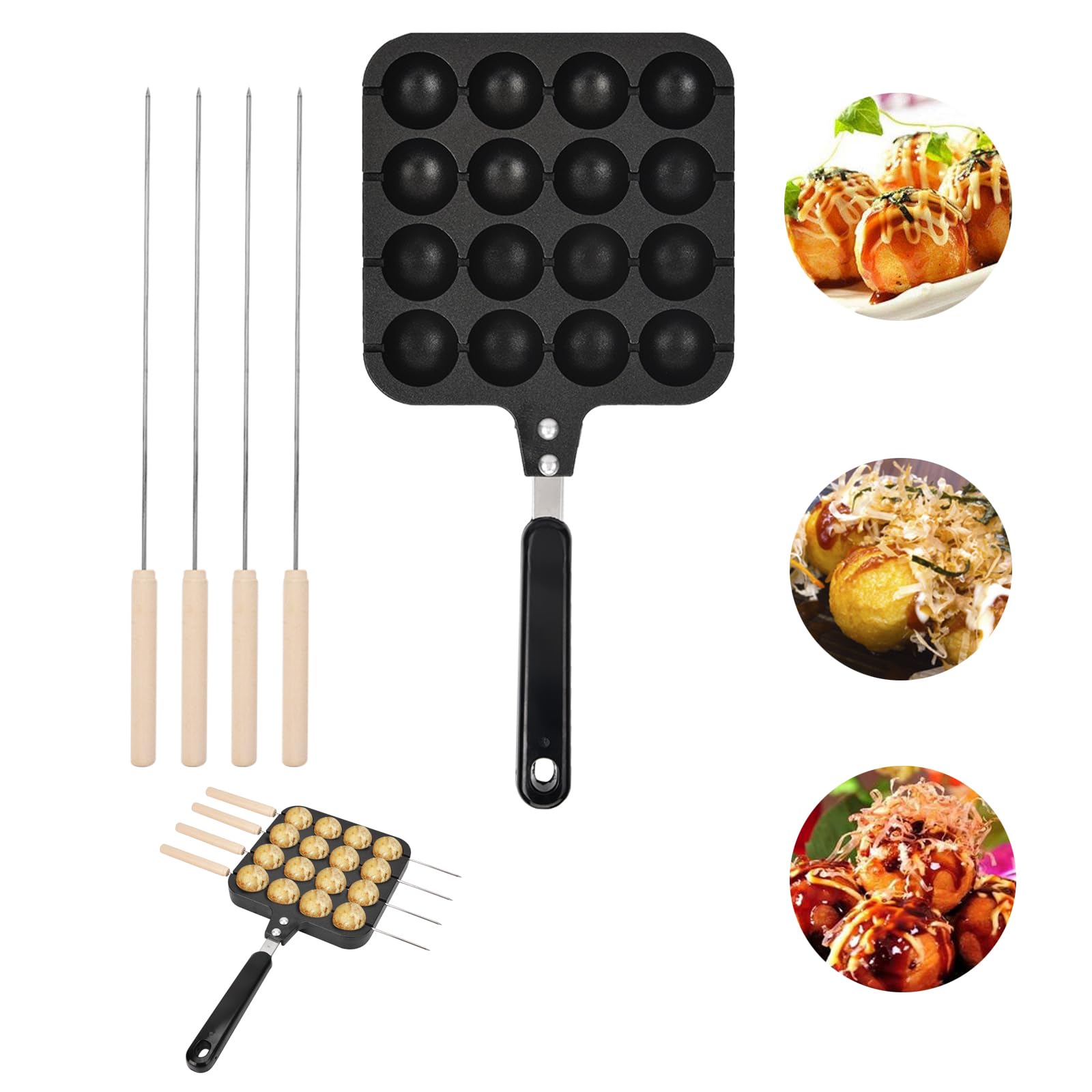 Takoyaki-grillpanna med 16 hål, non-stick pannkaksbollar, aluminiumplatta takoyaki-maker, matlagning, bakform, bricka, rund pannkaka med 4 baknålar, pannkaka bläckfisk boll grilltillverkare