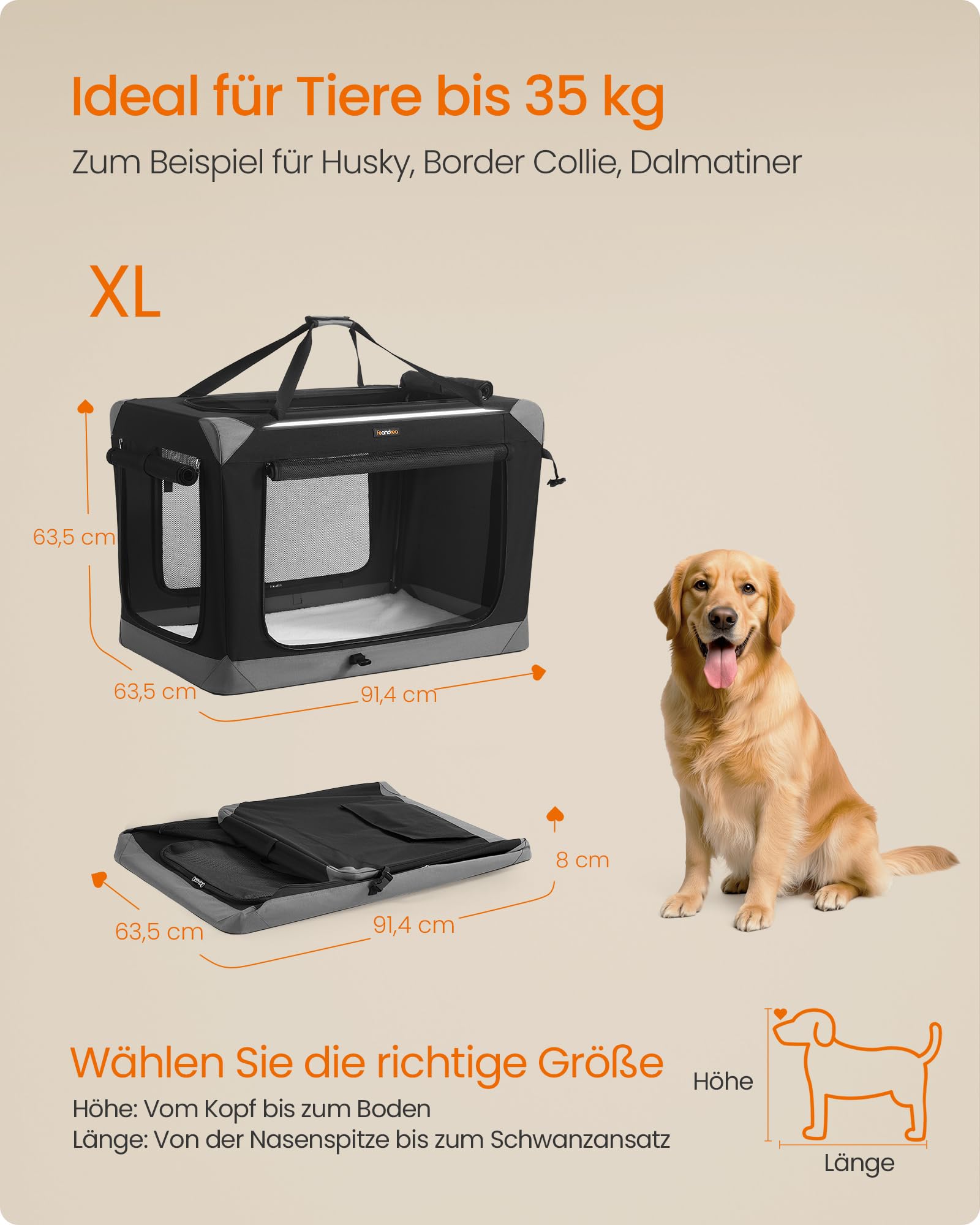 Feandrea Hundebox faltbar, Transportbox, Hundetasche, Oxford-Gewebe, mit 4 Türen aus Netzstoff, Griffen, Tasche, 91,4 cm, für große Hunde, tintenschwarz-Taubengrau PDC029BH01