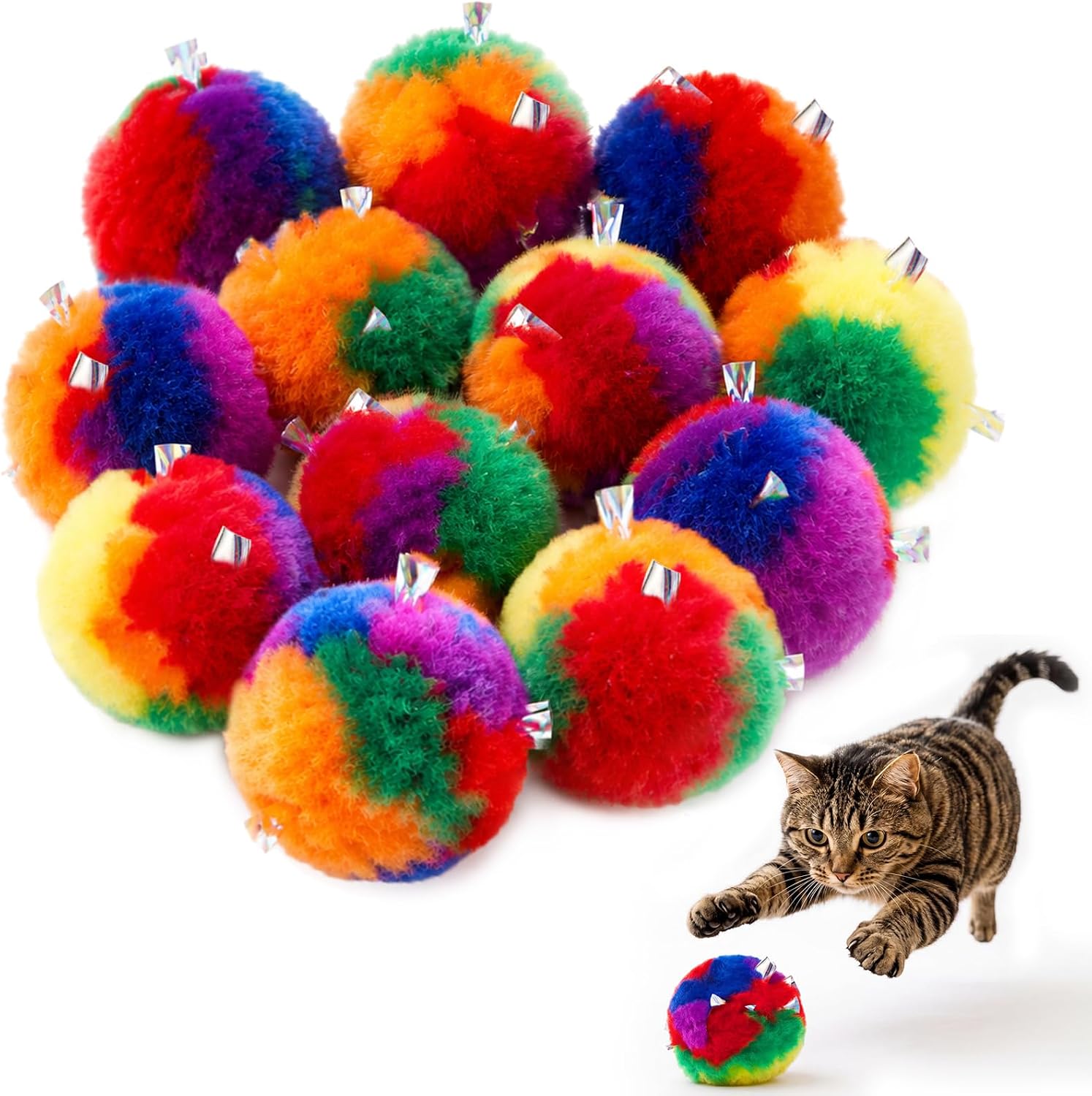 Deekin 20 Pcs Cat Crinkle Toys 3.15 Inch Large Pom Pom Balls for Cats | Crinkle Sound Inside, Soft Fuzzy Texture, Bright Assorted Colors, Lightweight for Chasing Batting Pouncing Indoor Cat Games