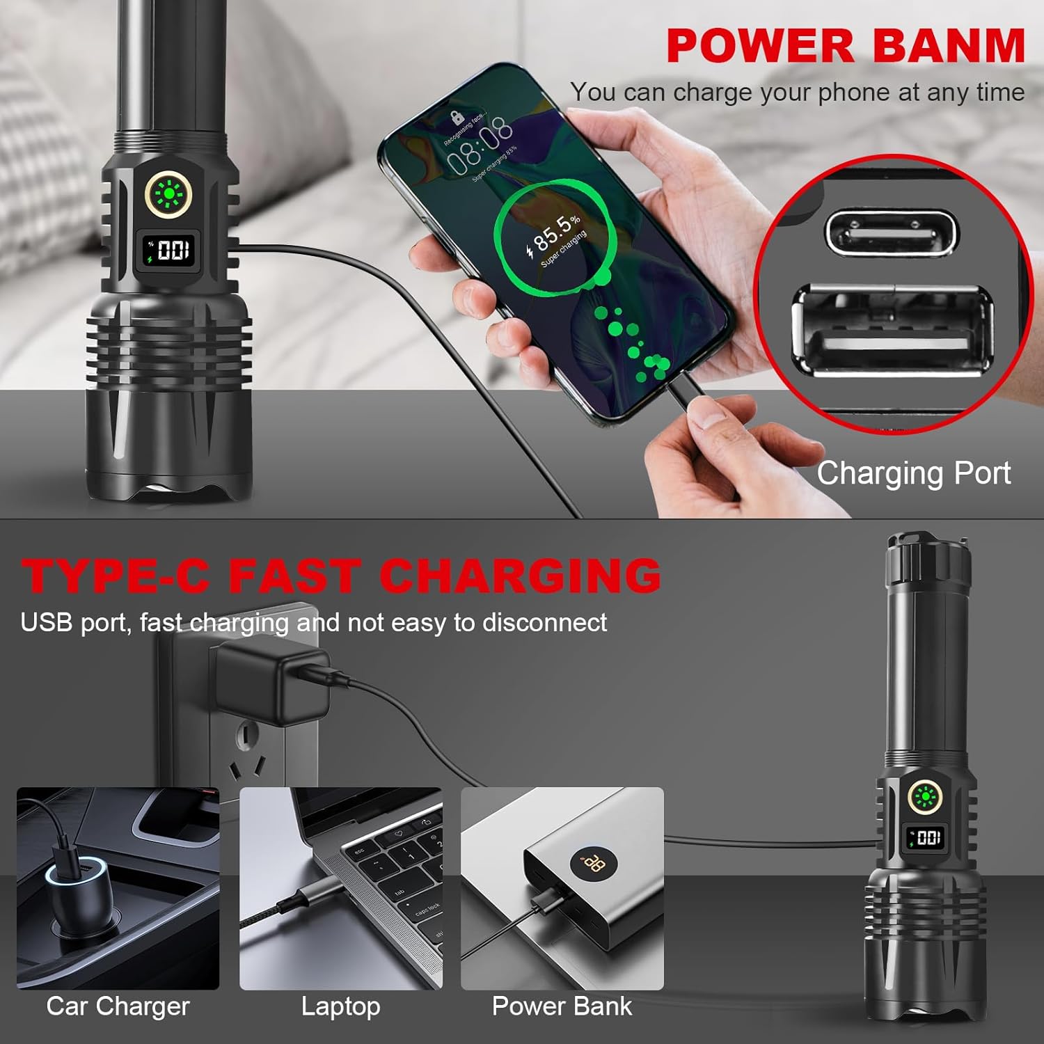 Flashlight High Brightness Rechargeable - 900000 Lumens LED Brightest Flashlight, 5000mAh Large Capacity, 5 Modes, IPX6 Waterproof Powerful Handheld Flashlight, Camping and Outdoor Use