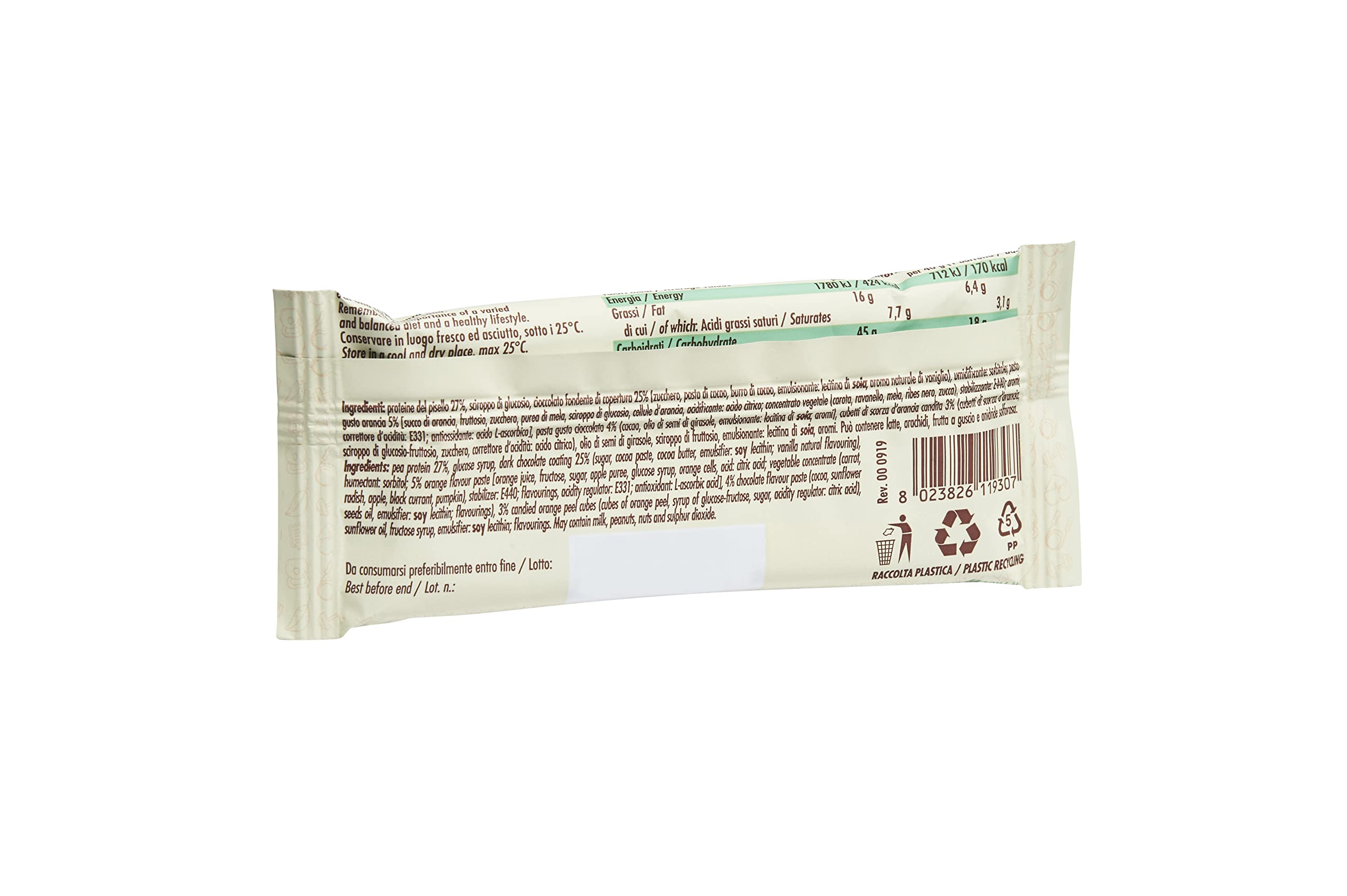 +Watt Veggie Ciok - Barres protéinées aux pois recouvertes de chocolat noir - Boîte de 24 barres - Goût orange