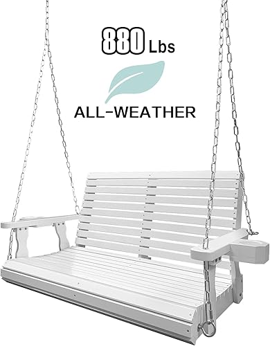 Miniatura 3 de Columpio de madera para porche de 2 plazas, columpio de banco con portavasos, cadenas colgantes y resortes de 0.276 in, resistente, 800 libras, para