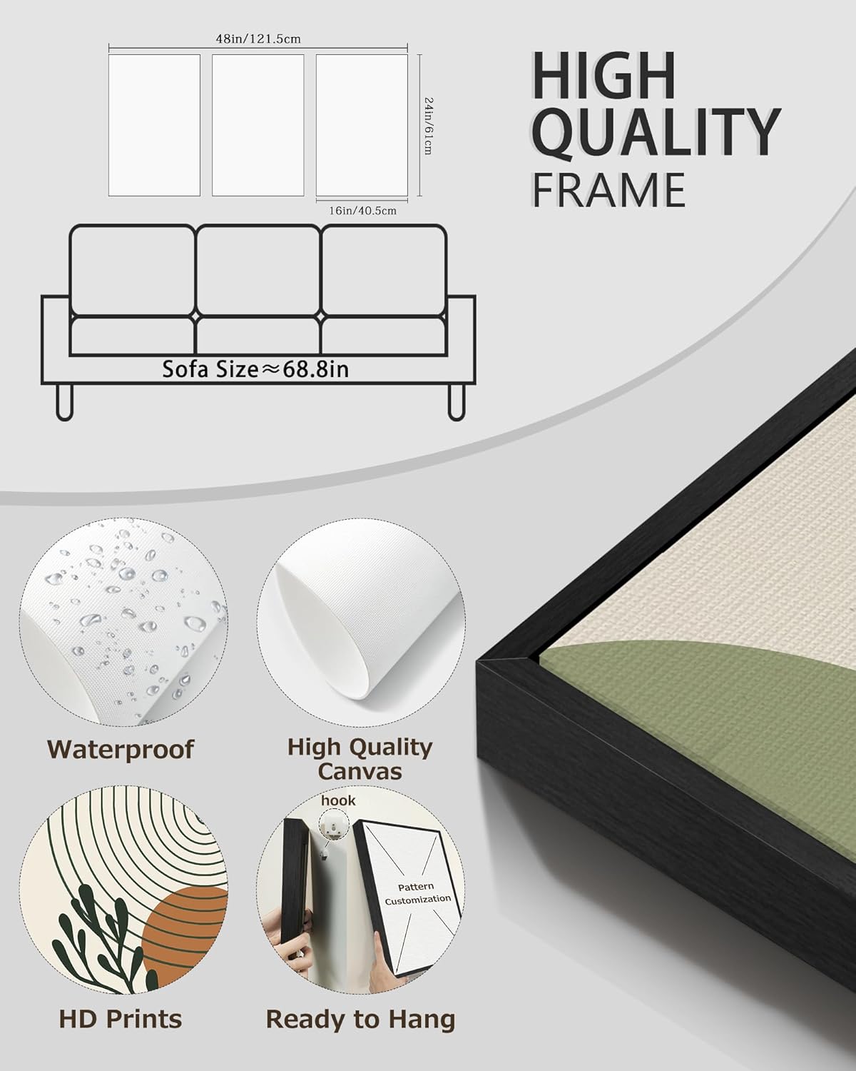 PHOPAGO Boho Plant Wall Art Green Botanical Bohemain Framed Wall Printing 16x24in Abstract Canvas Prints with Leaf & Sun Lines Bedroom Living Room Decor - Black Framed