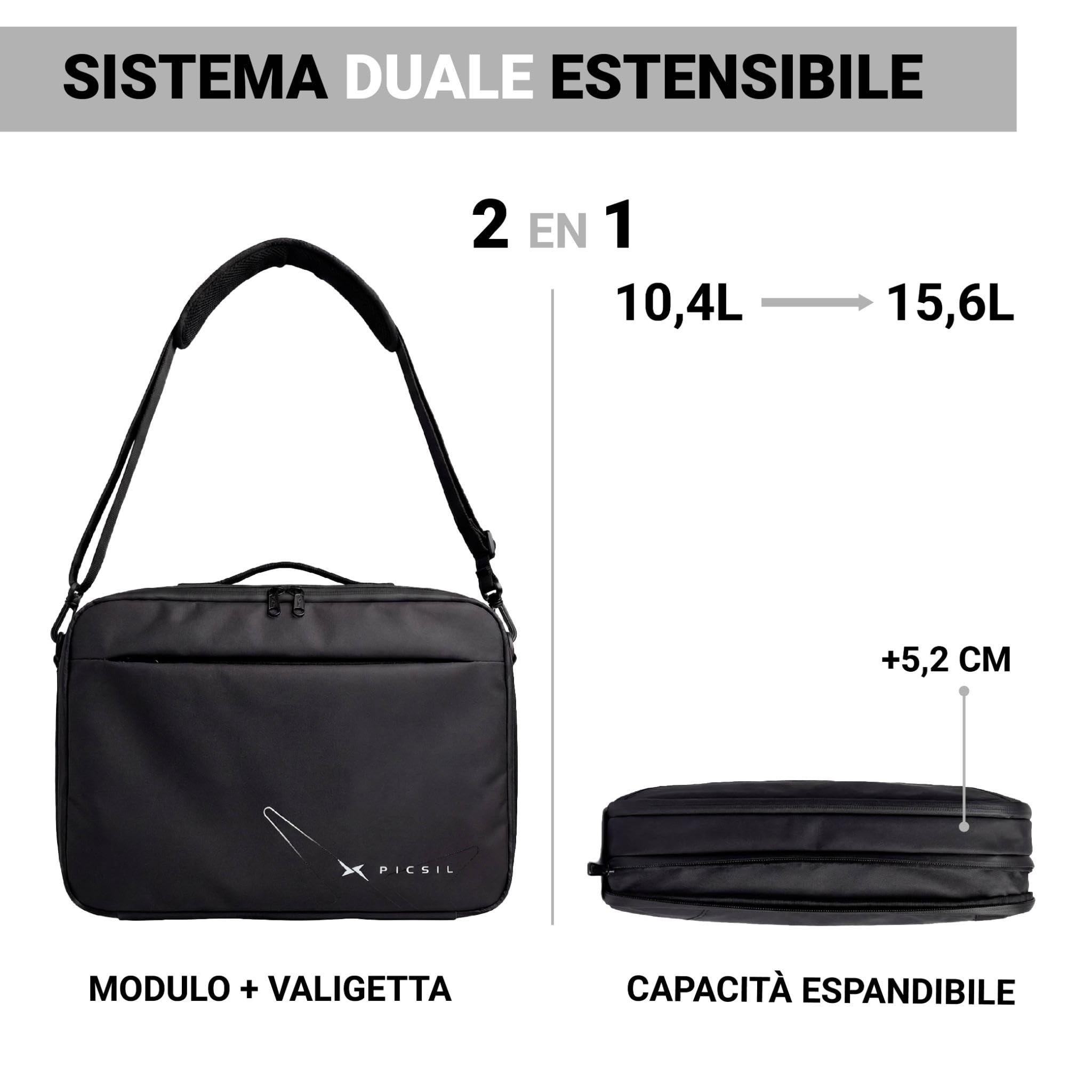 PICSIL Horizon Valigetta PC 15,6” Espandibile 1,4–15,6L, Moos | Borsa laptop modulare con scomparto imbottito, organizer documenti e capacità espandibile per lavoro, viaggi e coworking.
