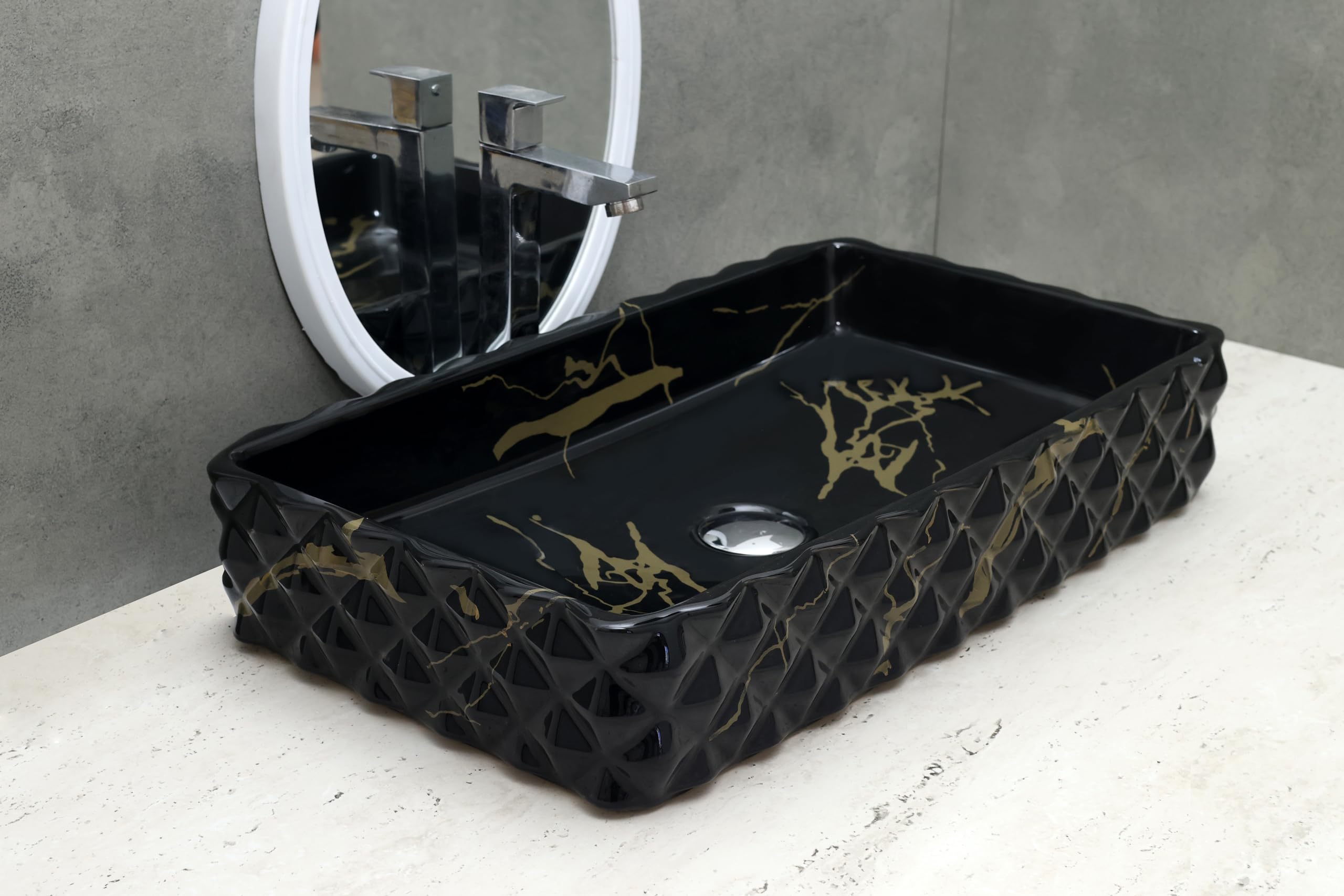 HISRE Designer Glossy Finish Table Top Wash Basin Vessel Sink with Slim Rim Vessel Sinks For Bathrooms (Deer Design Wash Basin, 24 x 14 x 4.5 Inch) (Style - 1) DM4604, photo 2 of 4