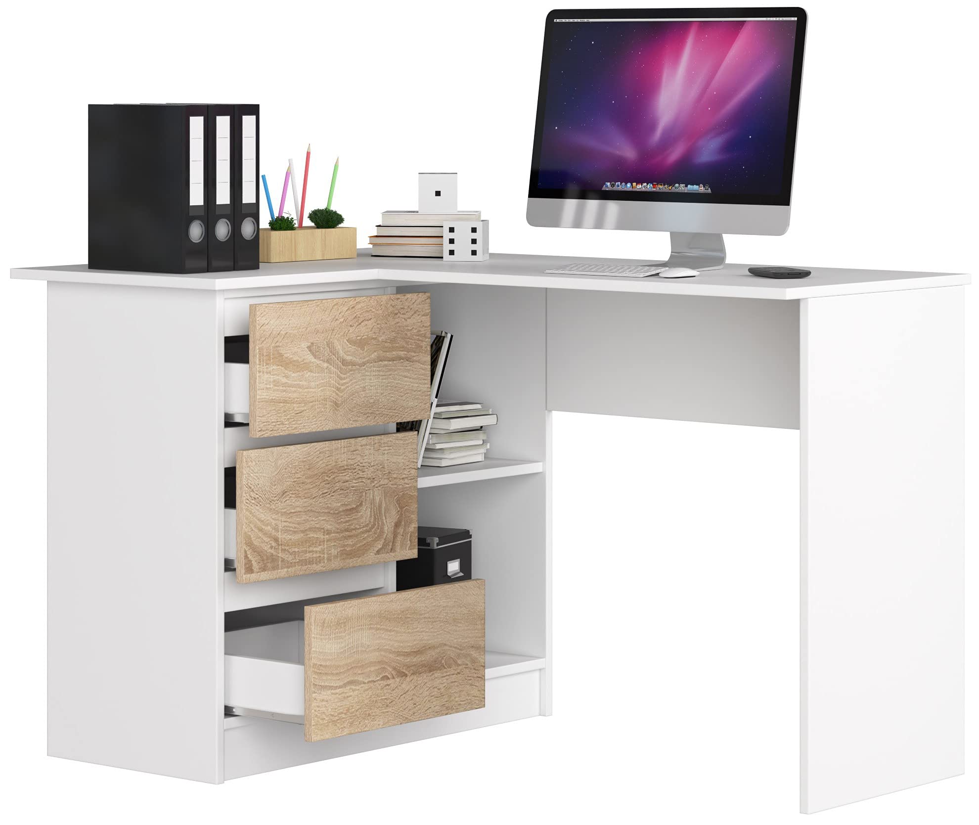 Akord-hoekbureau 3 Lades Links-eiken Artisan/wit-124x85x77