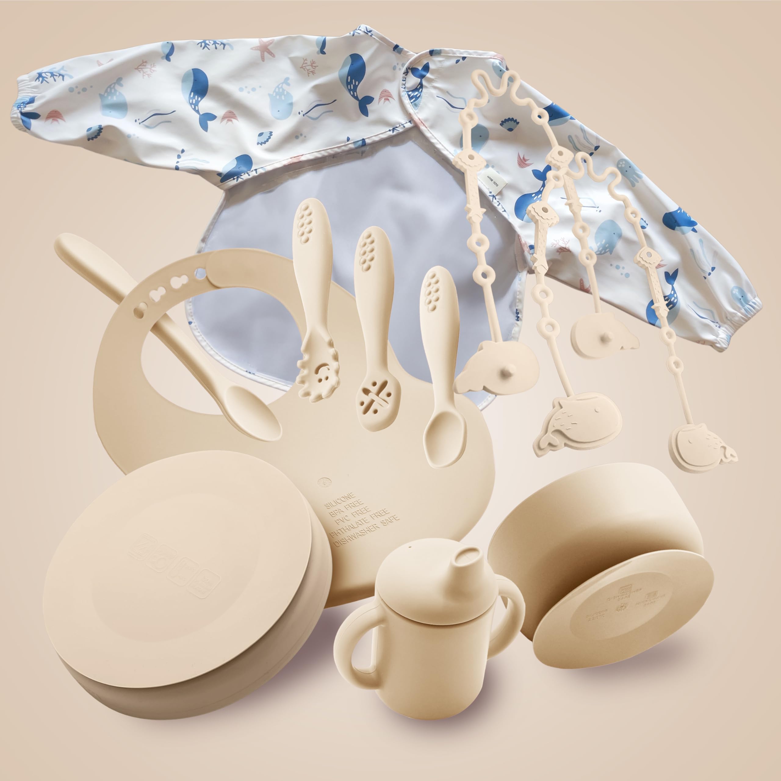 Navik | coffret repas bebe 12 pièces | assiette ventouse pour bébé | tasse apprentissage | bol et cuillere en silicone | Bavoir à manches longues | beige